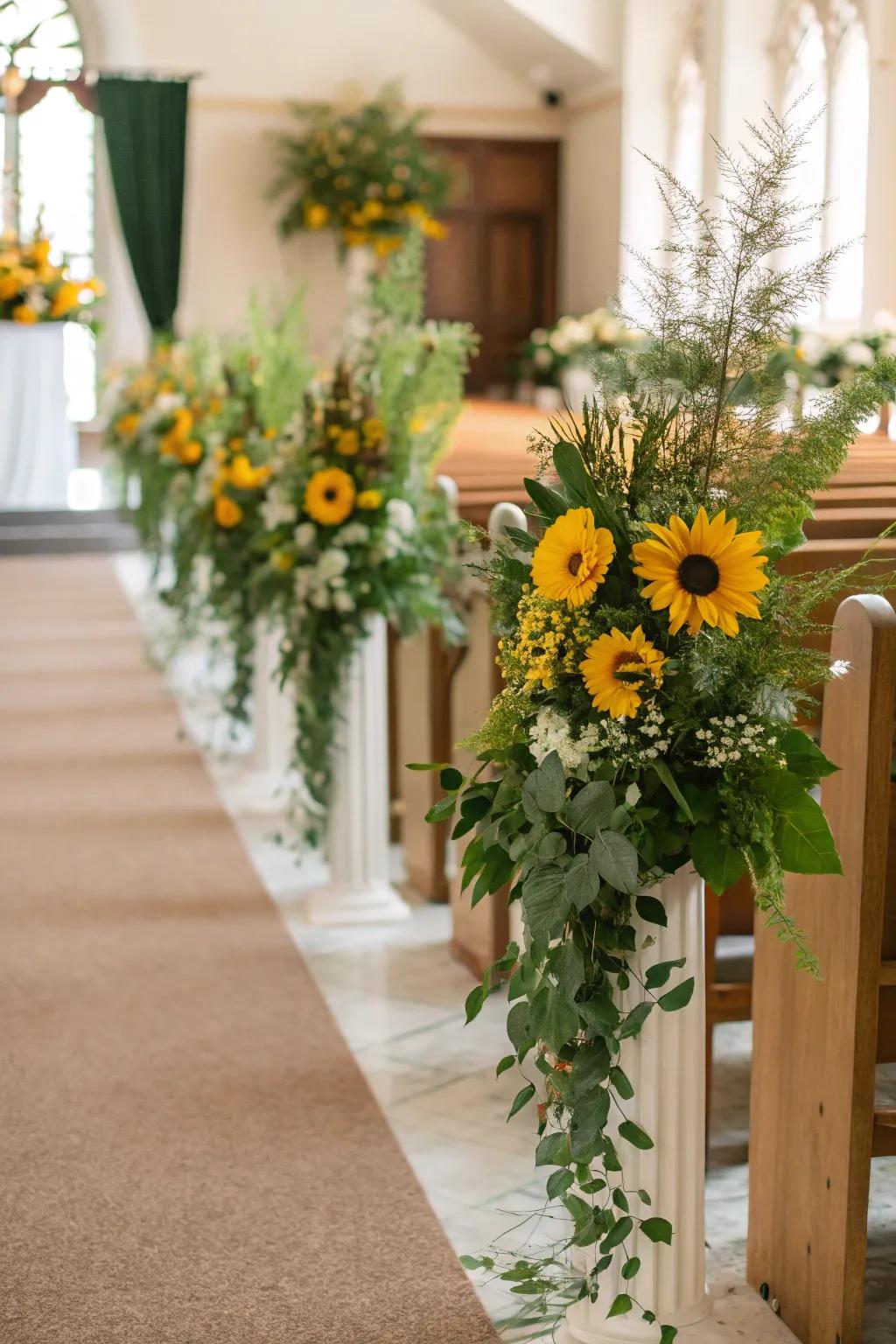 A wedding aisle beautifully adorned with daisies and foliage.