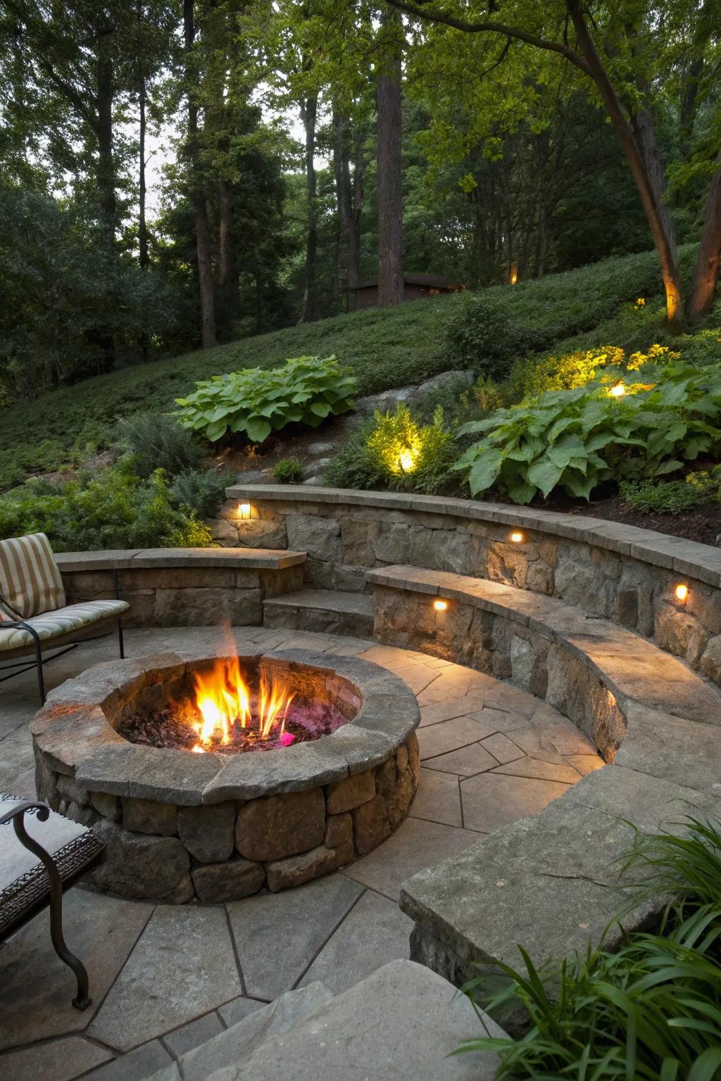 A rustic stone sunken fire pit nestled in nature.