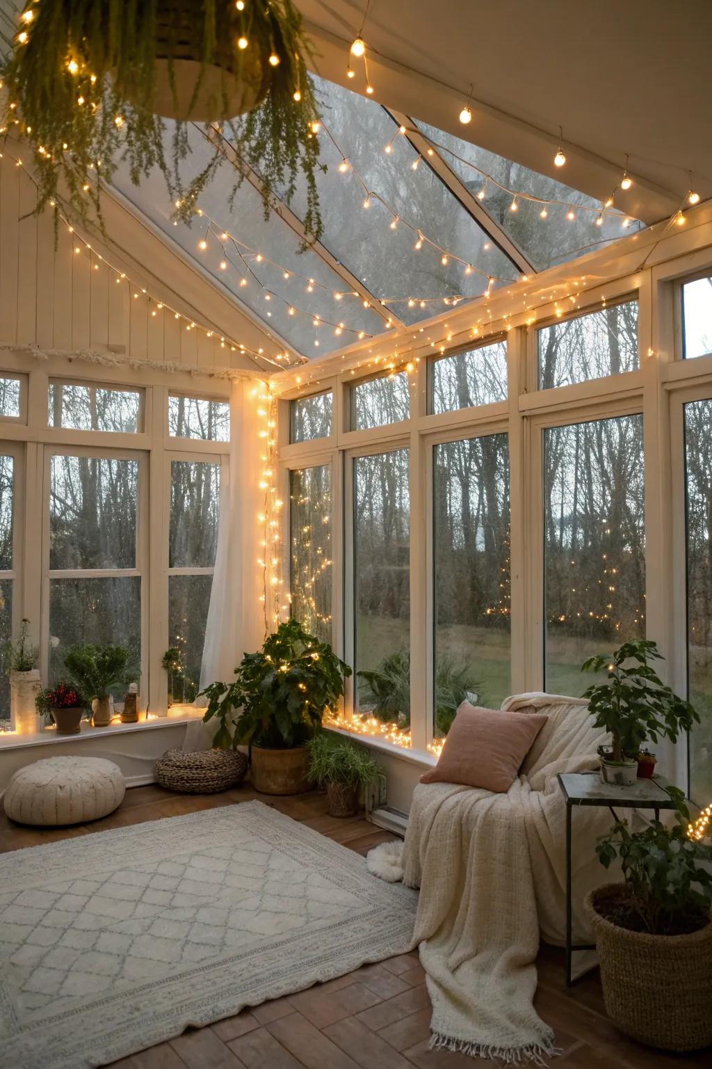 Twinkling lights create a magical feel in your sunroom.
