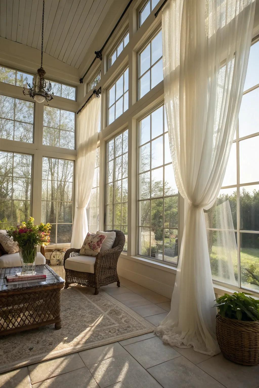 Light-filtering curtains enhance the room's natural glow and airy ambiance.