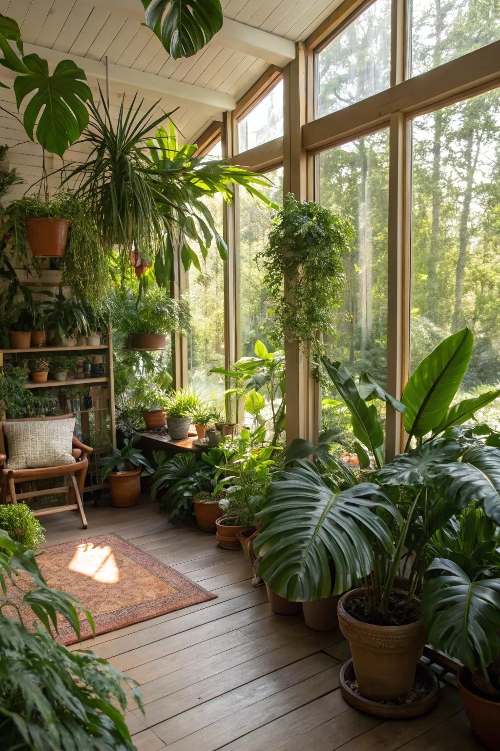 A sunroom transformed into a lush indoor garden oasis.