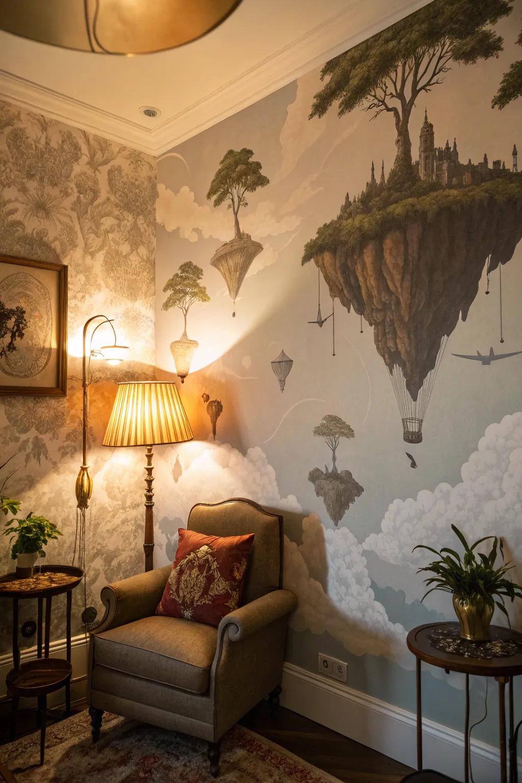 A living room showcasing a surreal wallpaper of floating isles.