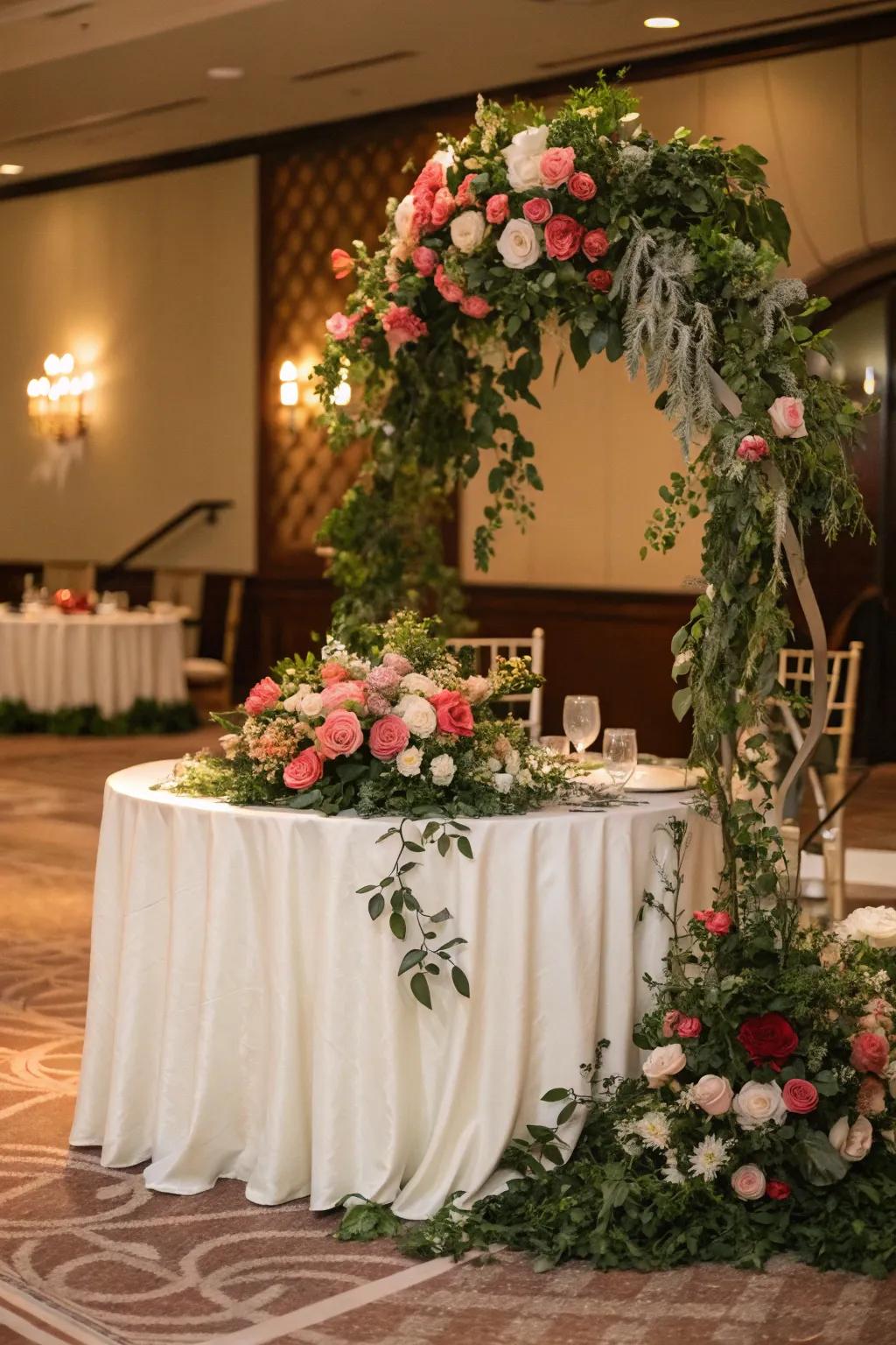 A sweetheart table embraced by radiant floral compositions for a garden-inspired sensation.