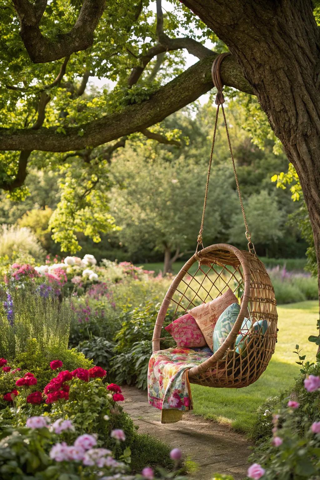 A bohemian woven-look hanging seat imparts allure to this garden getaway.