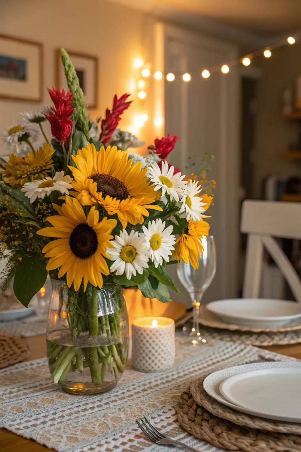 A dining table decorated with a vivid and colorful floral arrangement to brighten every meal.
