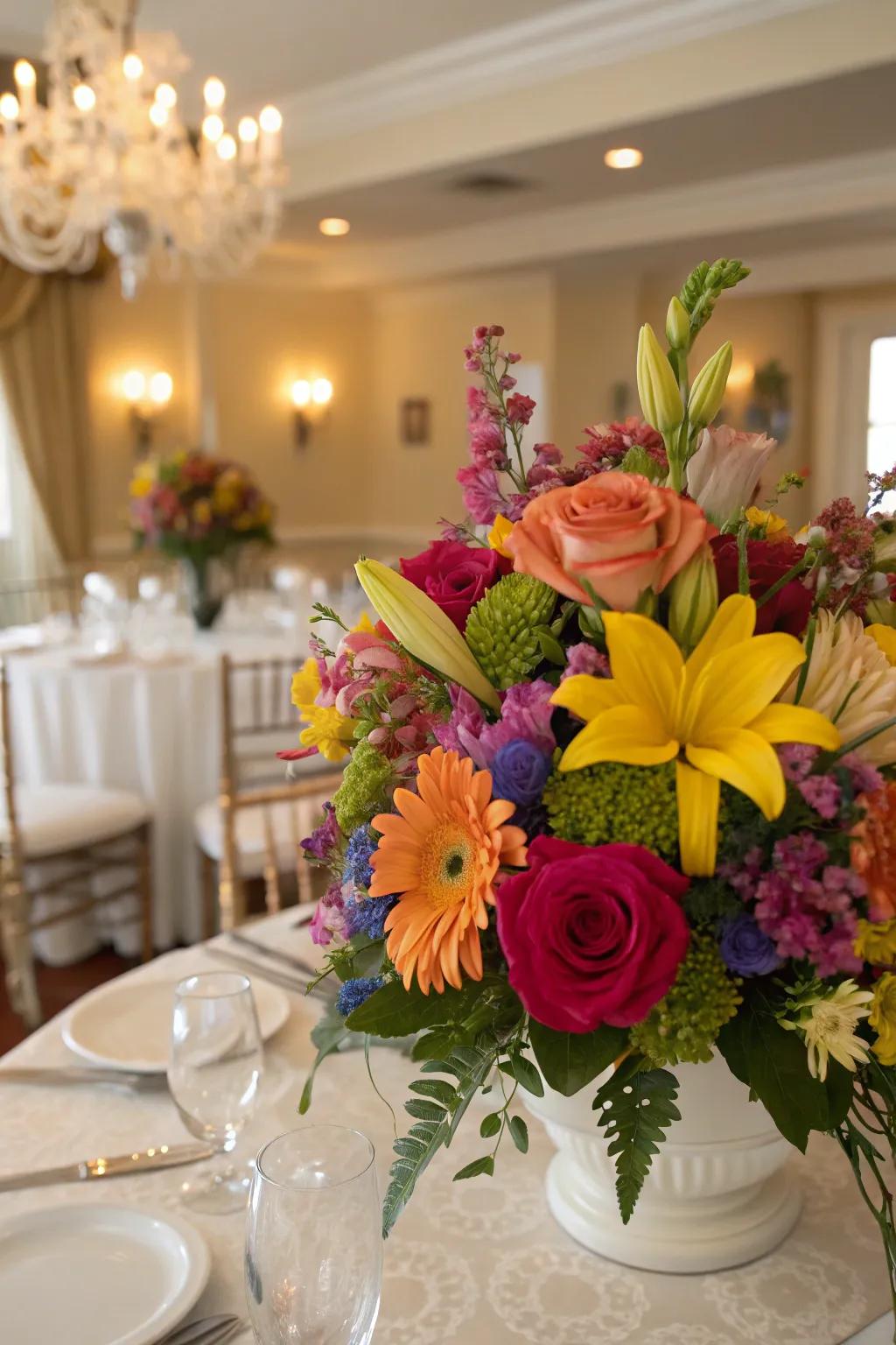 A vibrant centerpiece showcasing an assortment of peonies, roses, and dahlias.