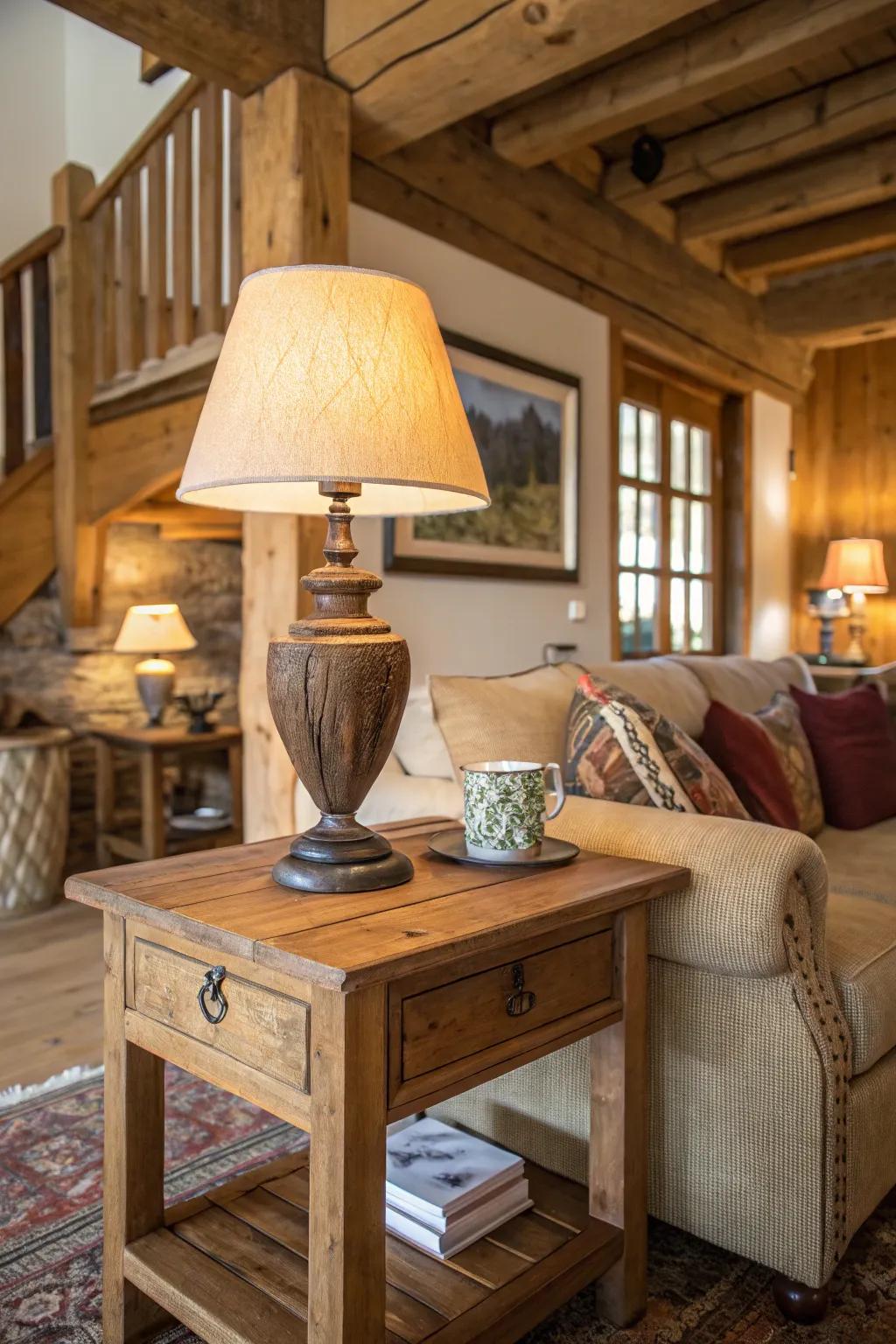 A wooden table lamp brings a rustic, homey feel to a comfortable living space.