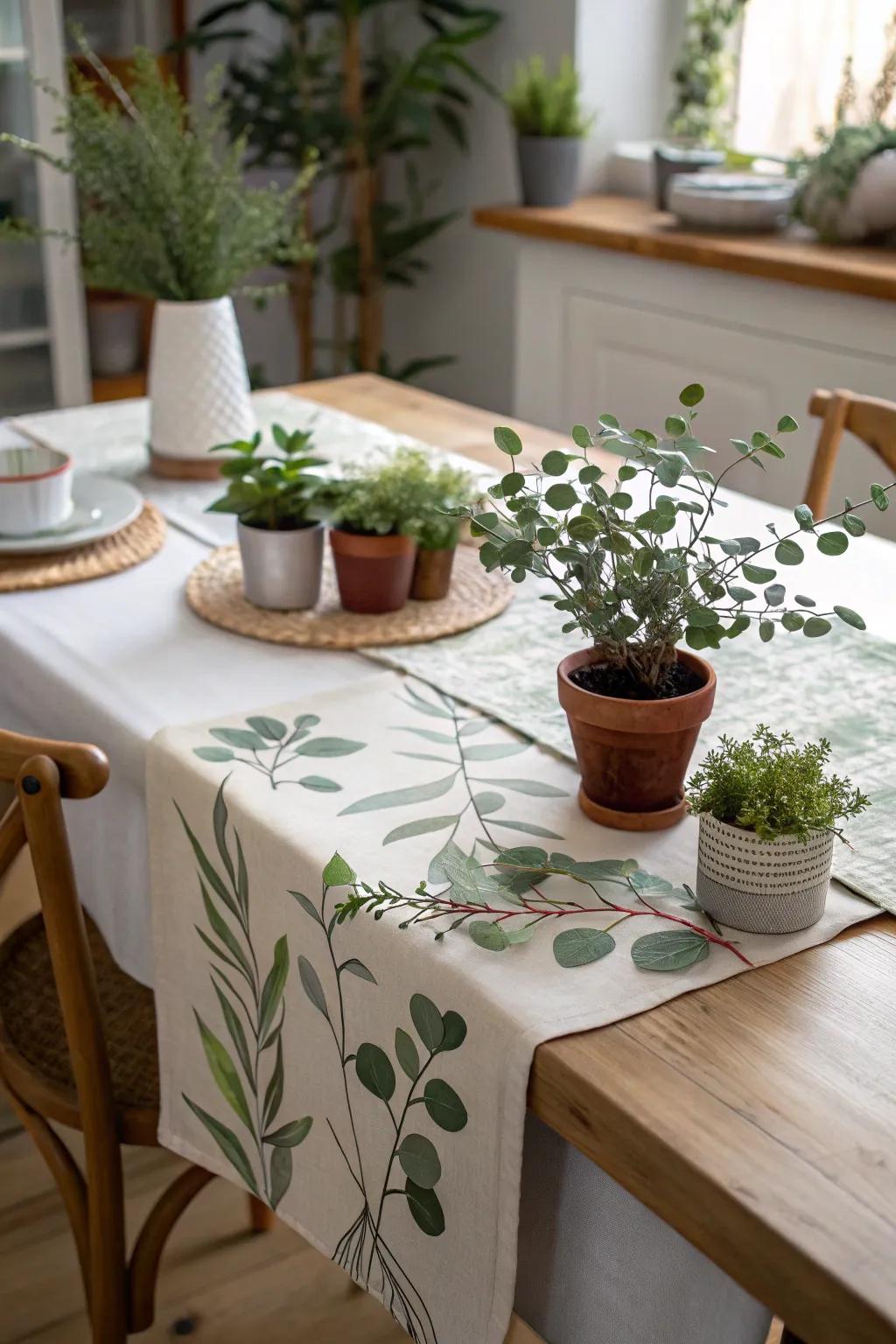 A nature-inspired table runner featuring lush greens, creating an invigorating dining setting.