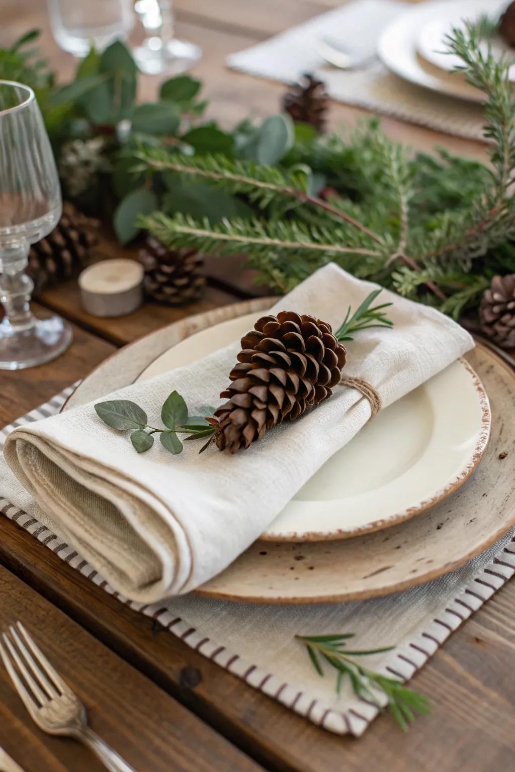 Rustic table setting enhanced with a pinecone and greenery.