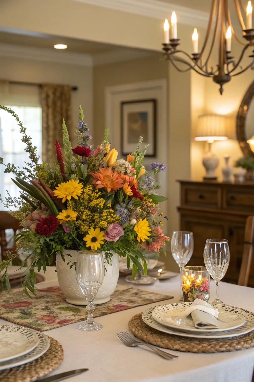 A bloom-inspired table arrangement featuring vibrant wildflowers as a central feature.