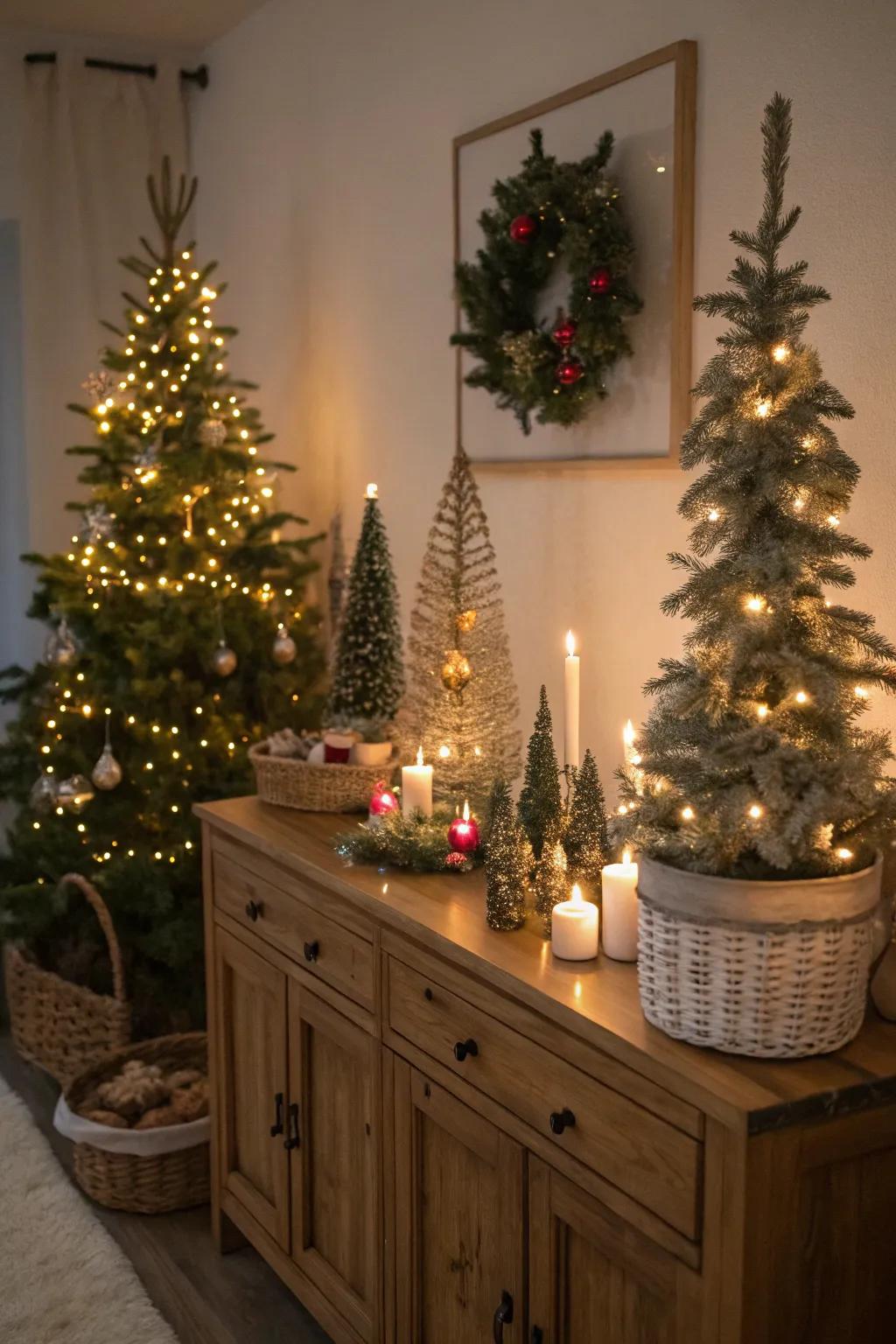 A lovely miniature forest is showcased on a sideboard in the living space.