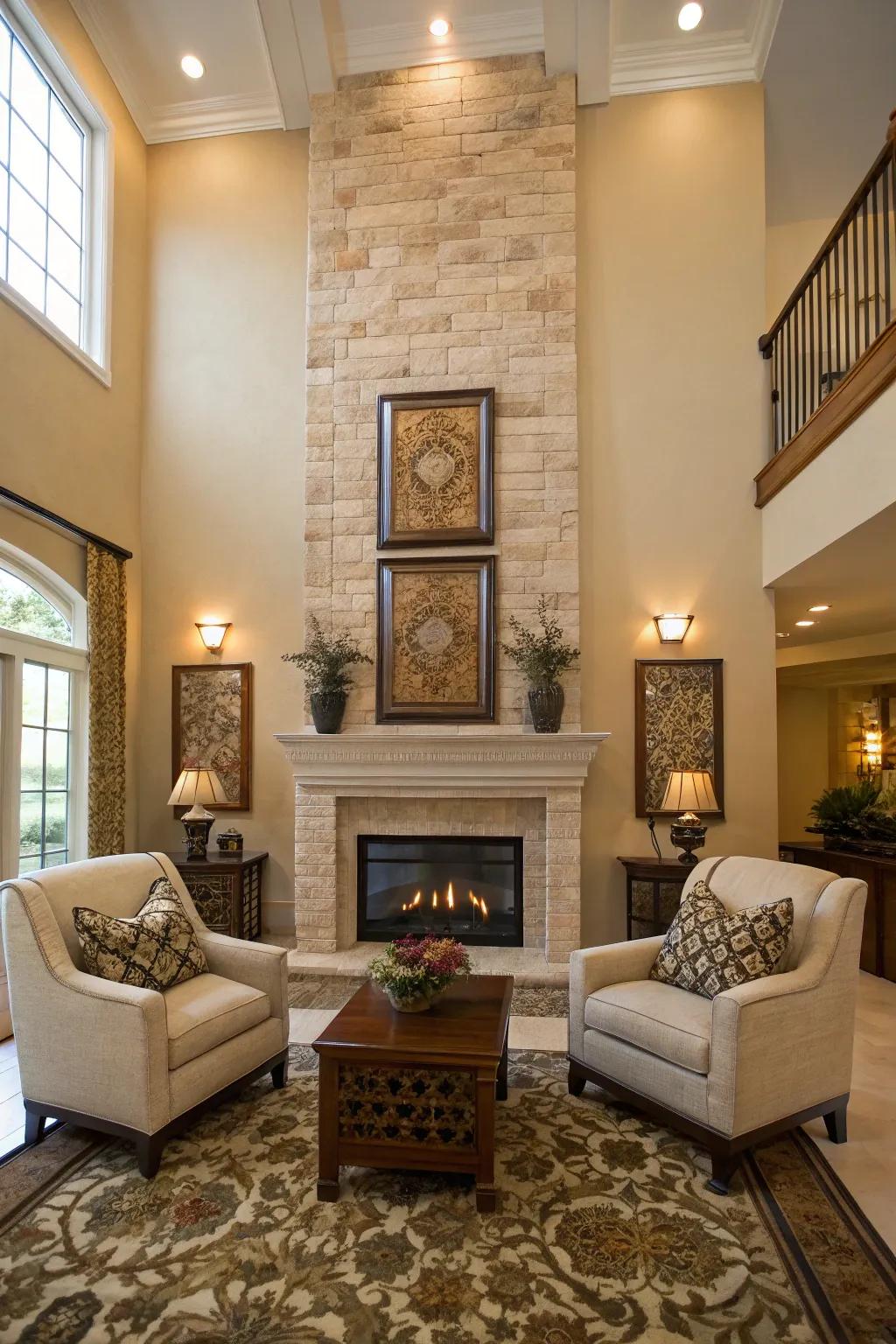Symmetrical designs bring out the refinement of a high fireplace.