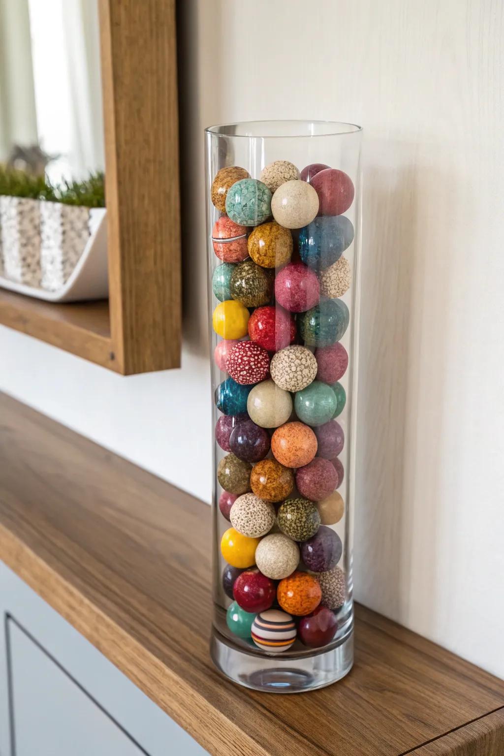 A tall glass vase brimming with colorful ornamental orbs, delivering a playful feature to a minimalist ledge.