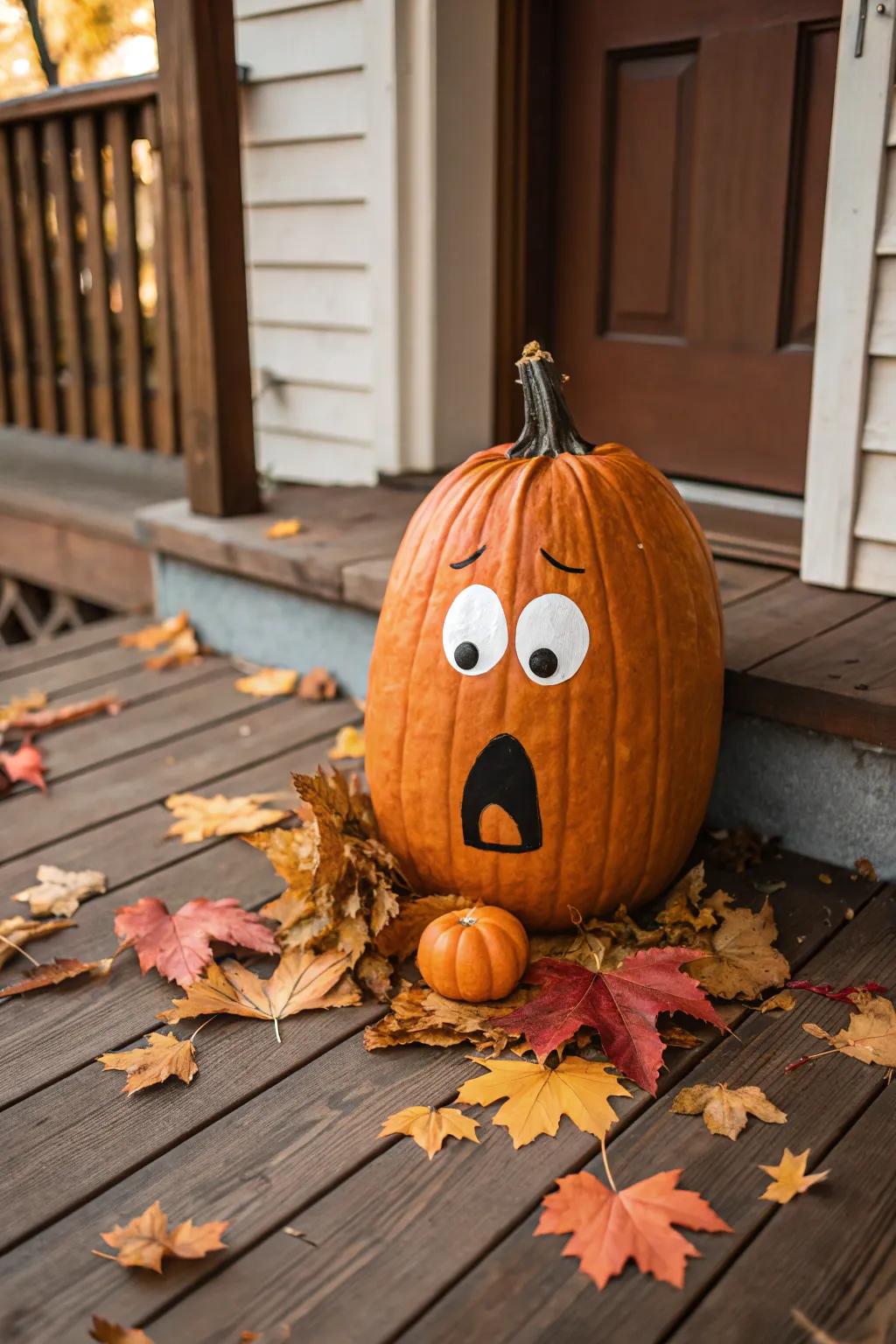 A tall pumpkin with a surprised expression brings a hint of playfulness to any setting.
