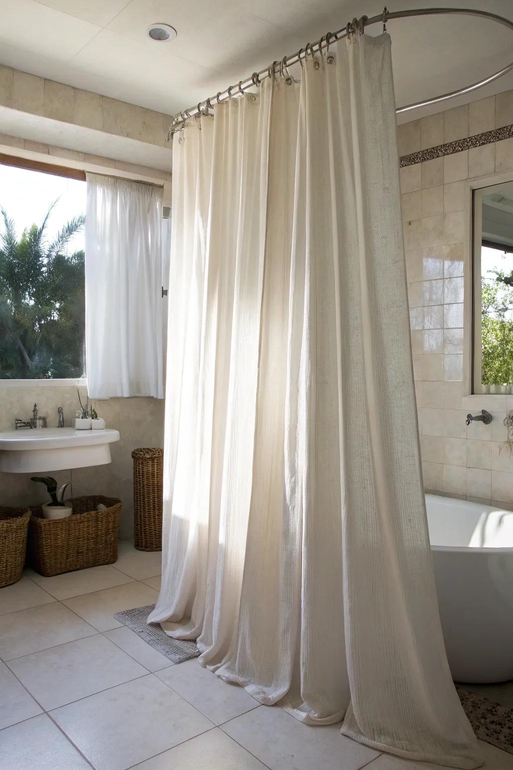 Extending shower curtains from ceiling to floor makes the bathroom seem taller and more refined.