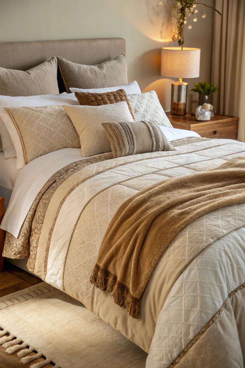 Levels of beige and ivory bedding provide a snug and inviting base.