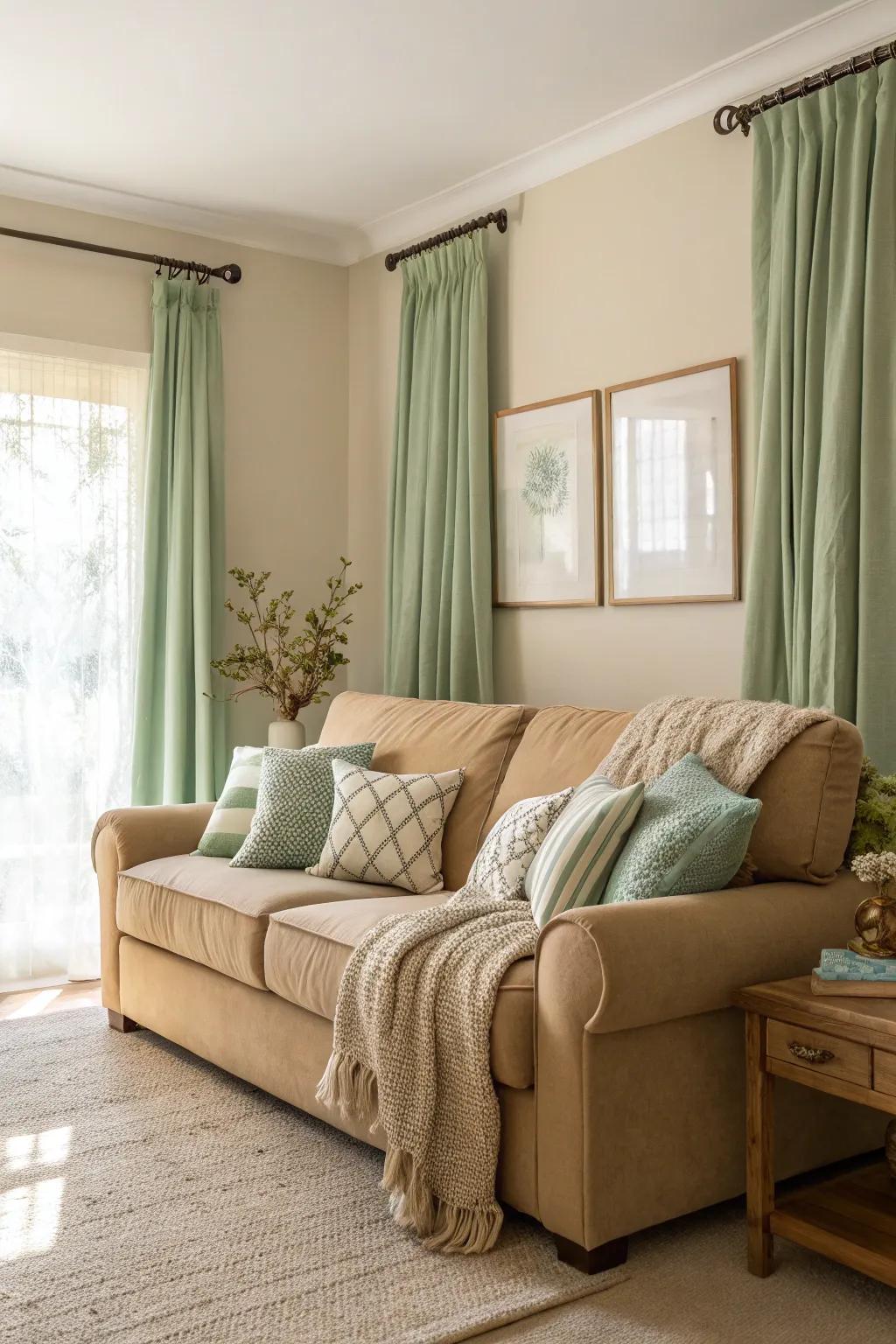 Natural shades paired with a beige sofa evoke a tranquil and serene setting.