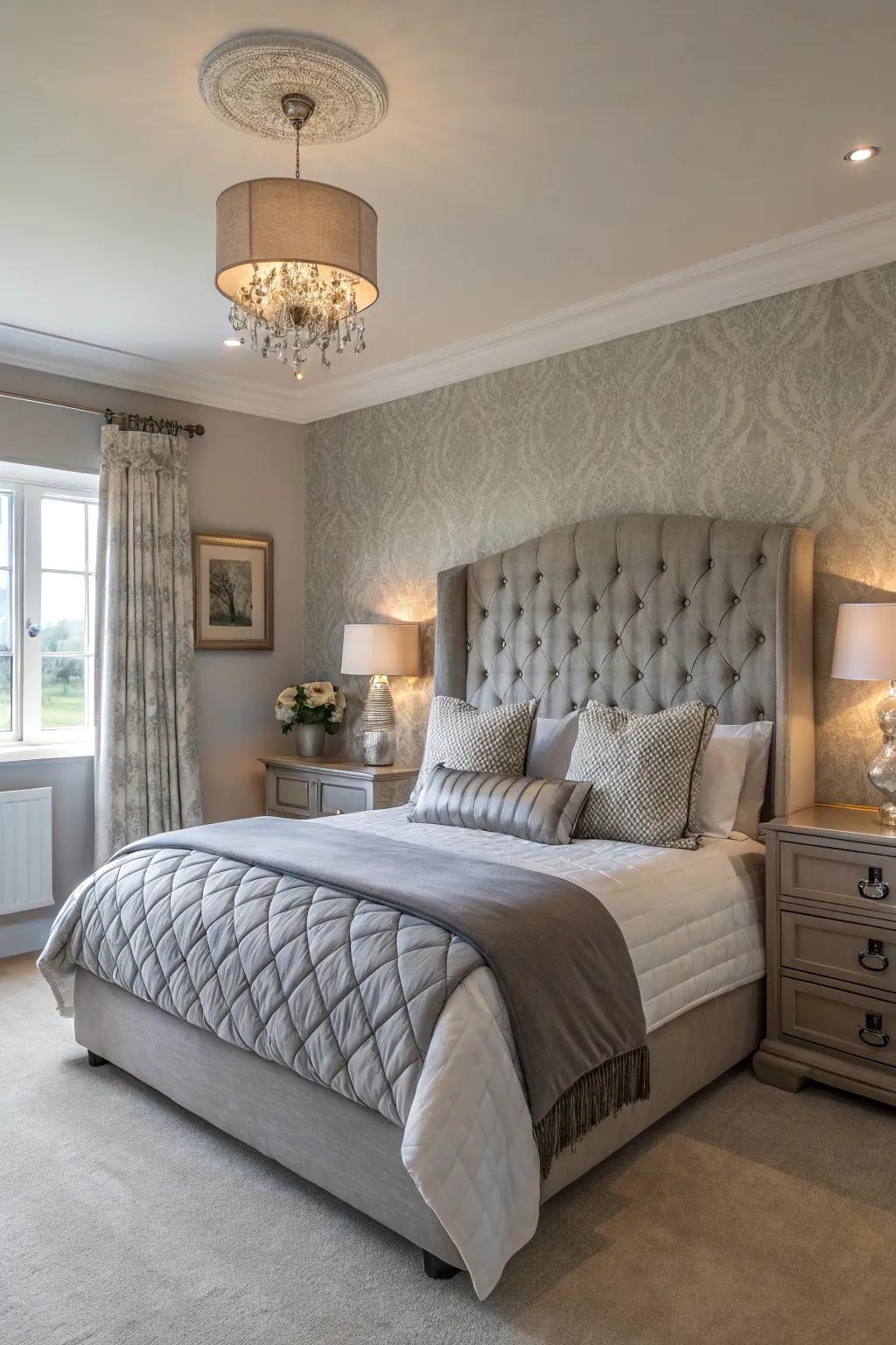 A tranquil bedroom showcasing taupe walls and grey highlights.