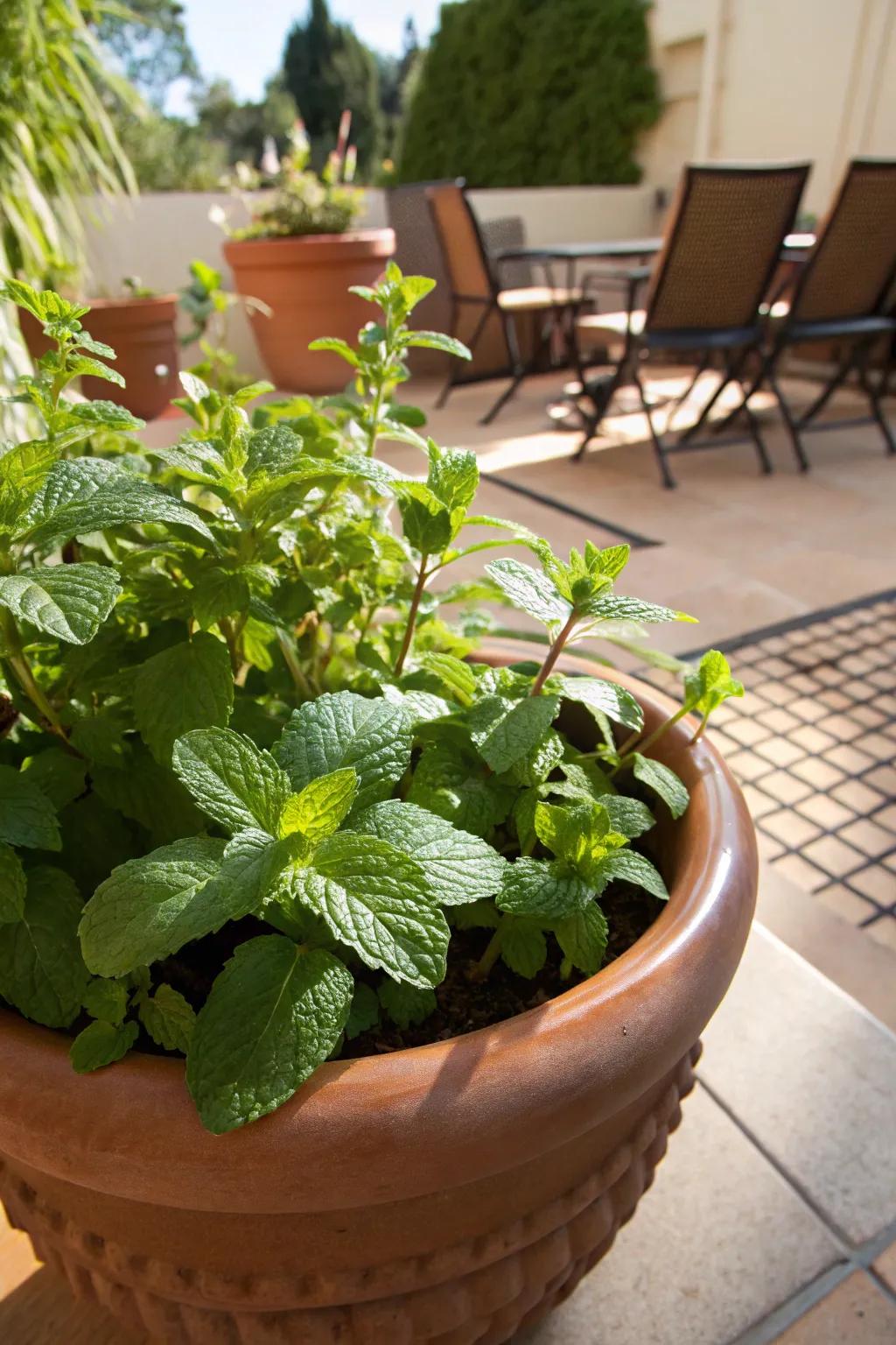 Lush mint sprigs situated in a terracotta pot, awaiting a newly brewed cup of tea.