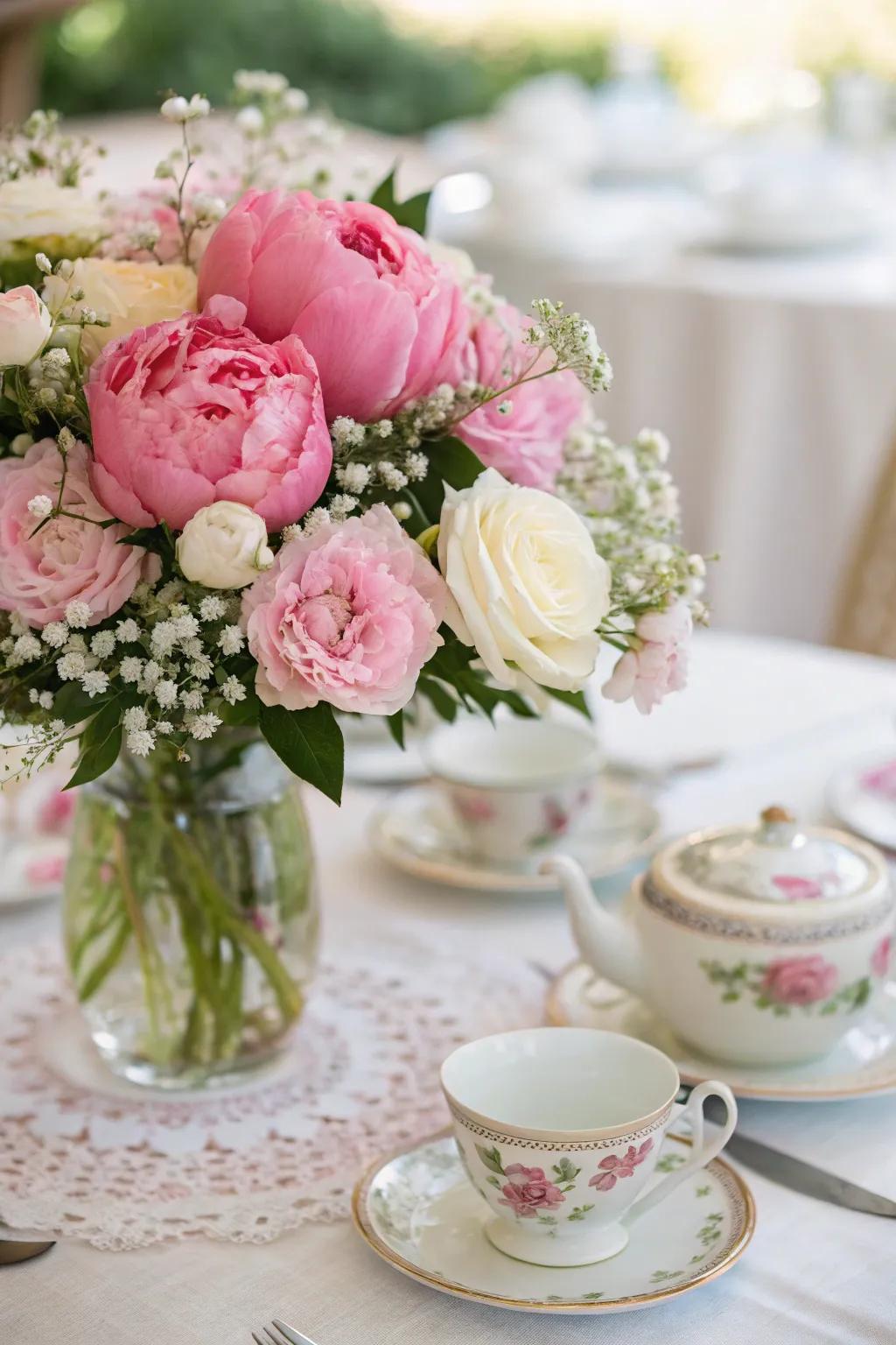 An eye-catching floral centerpiece showcasing pink peonies and white roses.