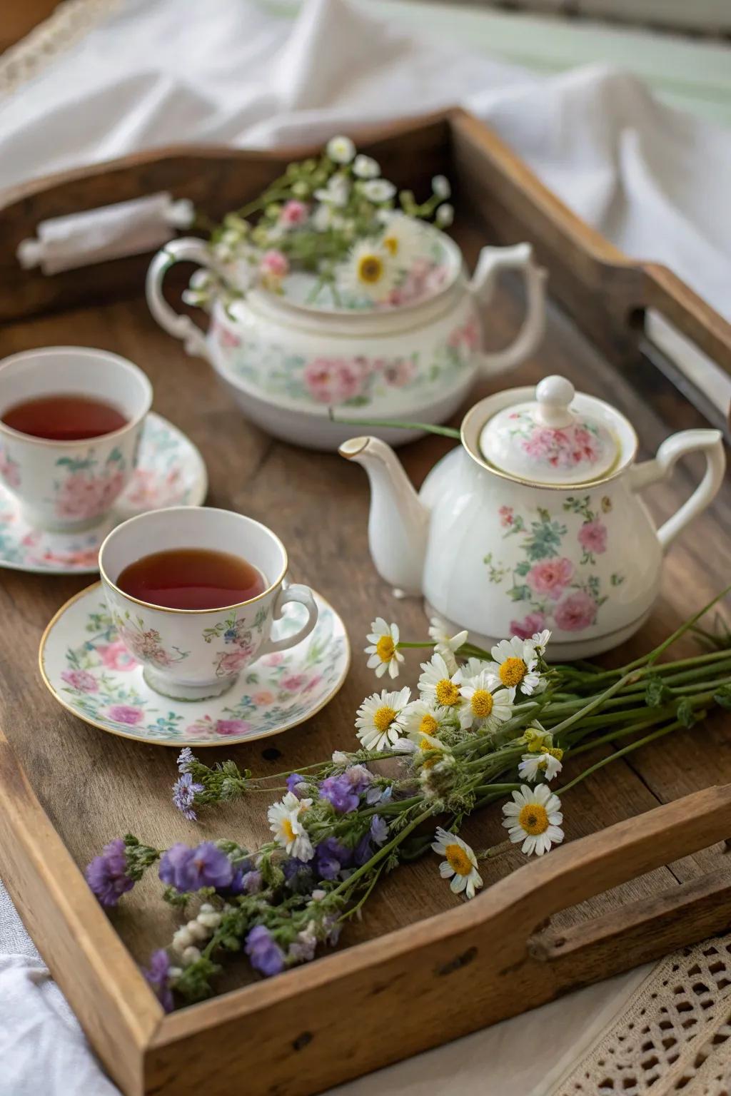 A classic floral tea set beautifully presented on a country style board.