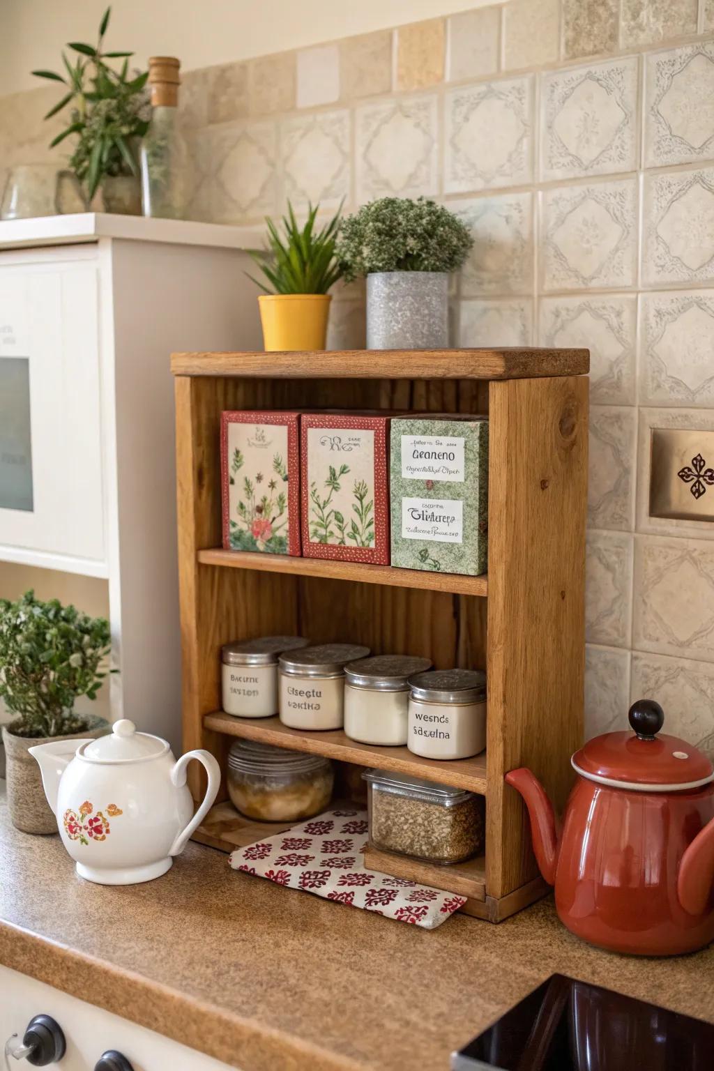 A petite shelf dedicated to the art of tea storage and display.