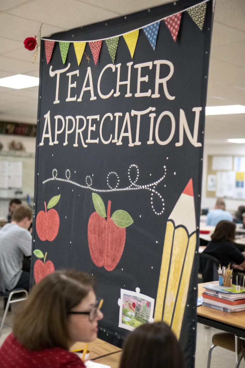 A traditional blackboard-style banner with apple and pencil decorations inside a classroom setting.