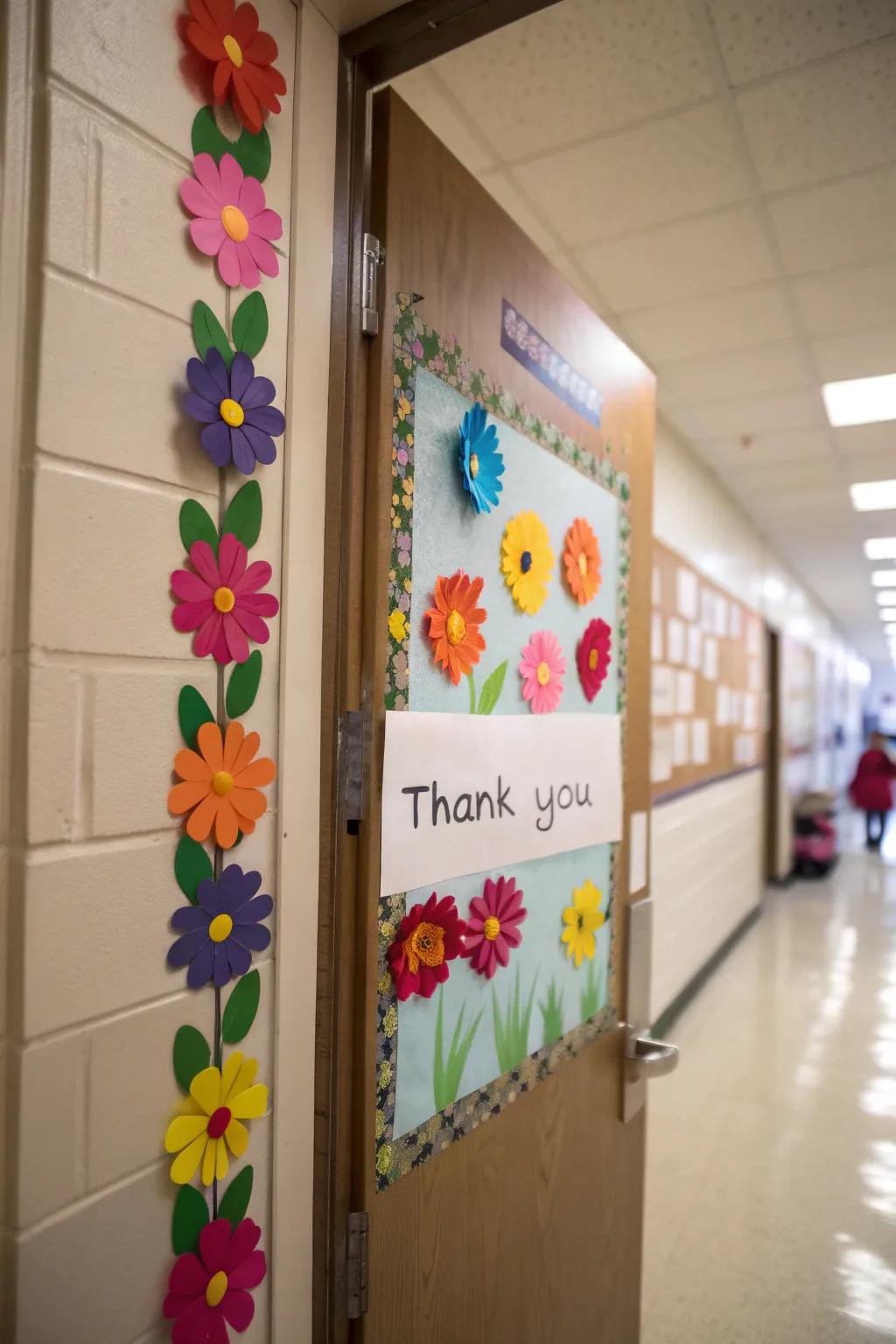 A vibrant garden of gratitude adorns a classroom door, blooming with appreciation.