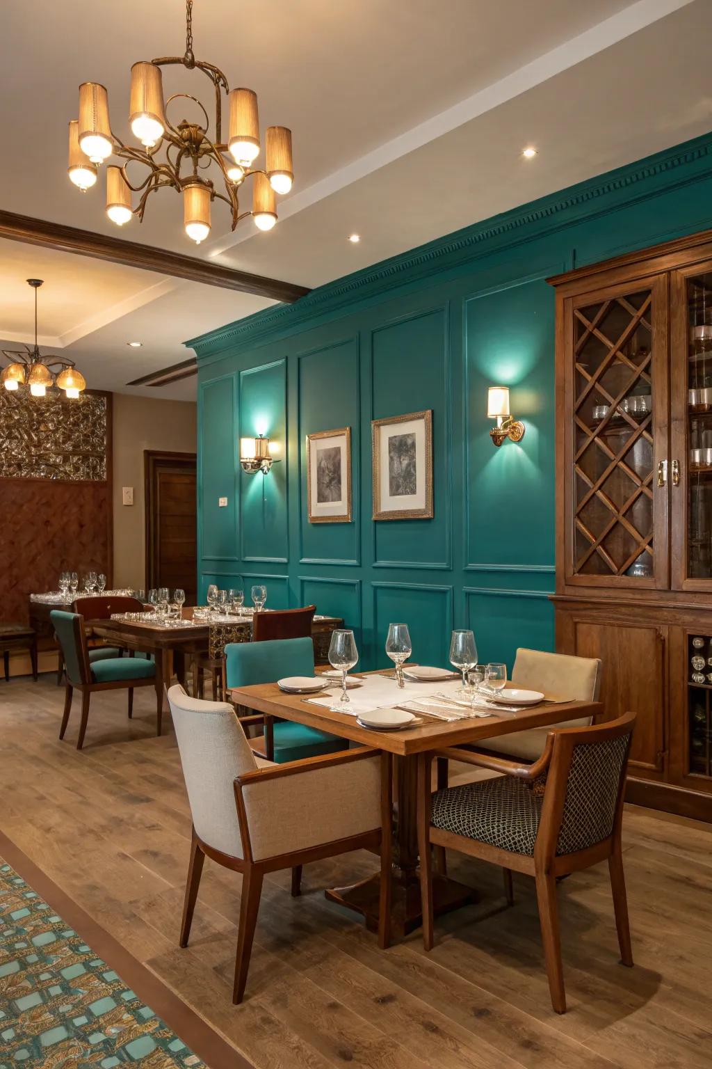 A teal accent wall makes a powerful statement in the dining space