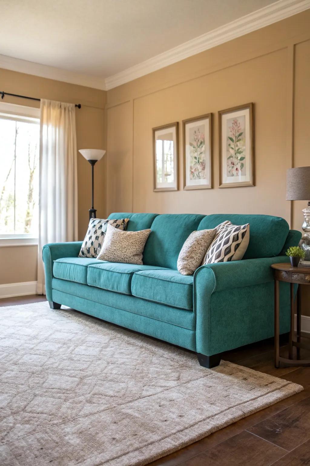 A warm, neutral palette impeccably balances the impact of a cerulean sofa.