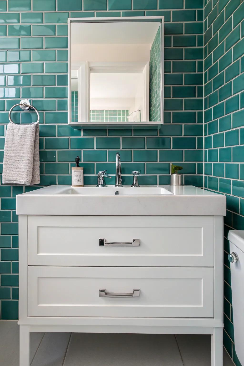 Turquoise brick tiles provide a modern twist to a traditional bathroom style.