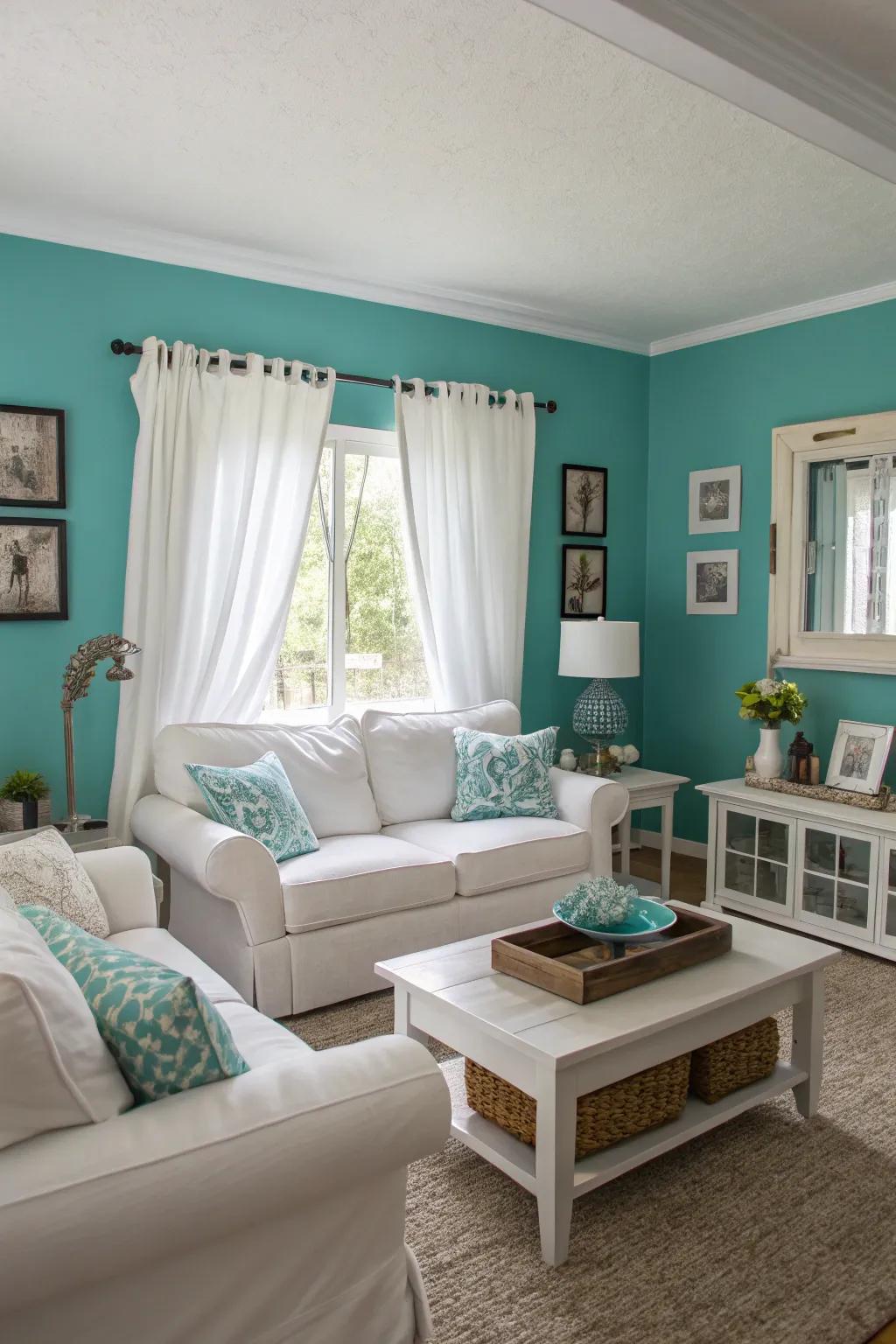Teal walls deliver a powerful statement, tempered by pure white touches.