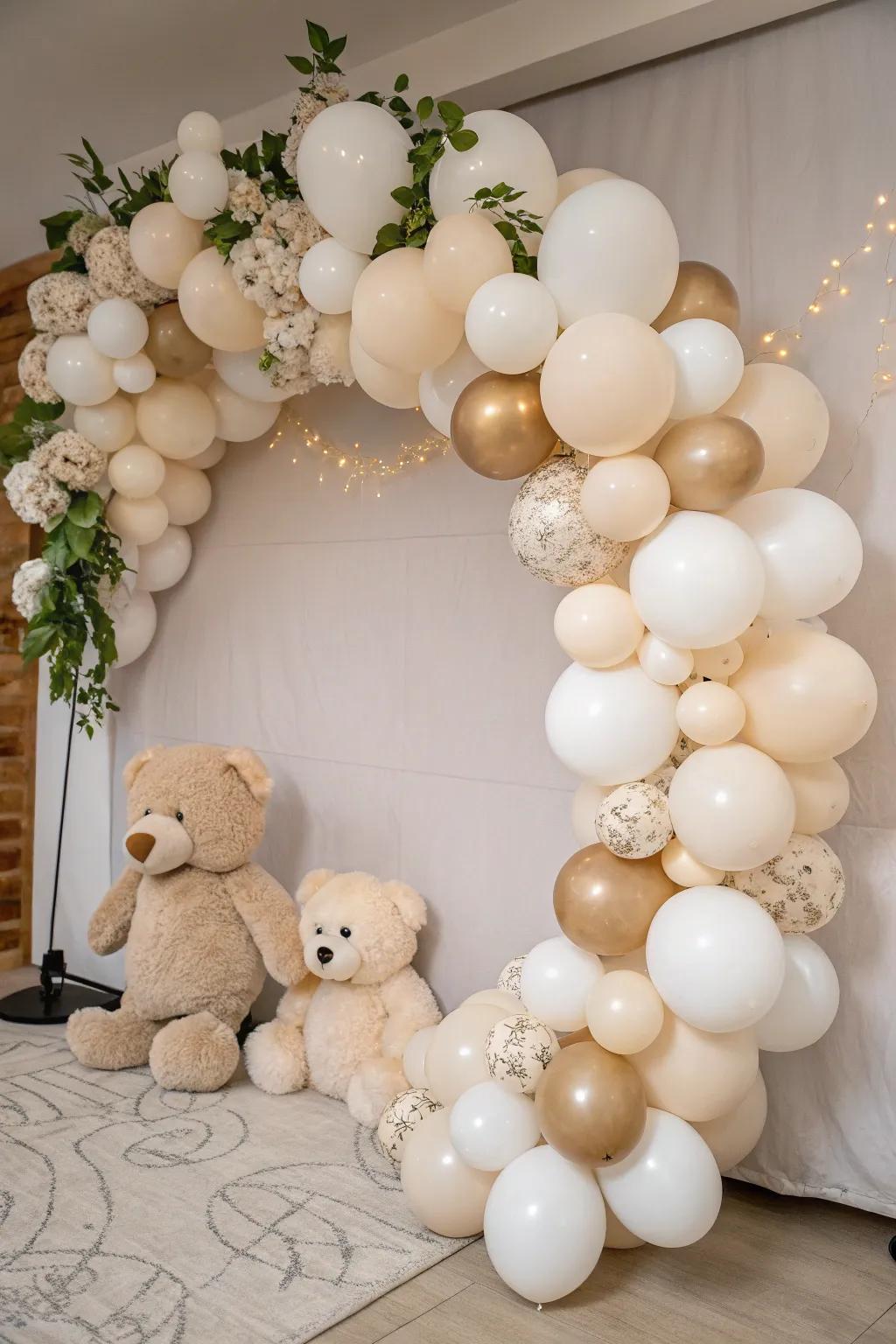 A beautiful balloon garland adds a touch of elegance to the teddy bear-themed celebration.