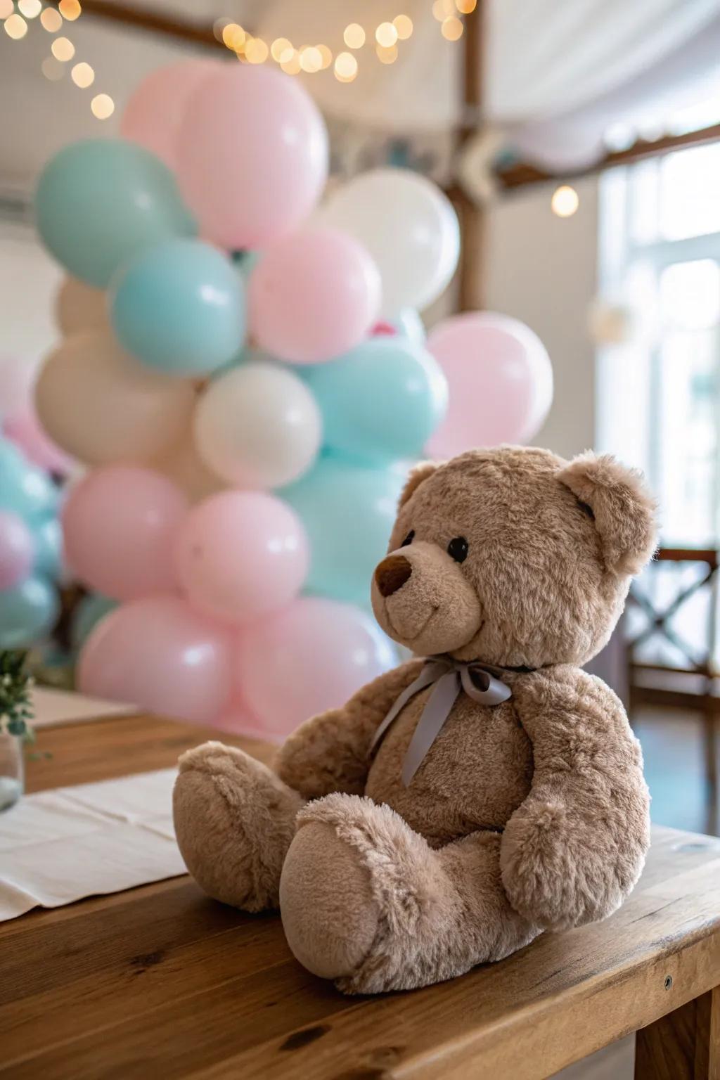 A plush companion clutching pastel balloons makes for a charming centerpiece.
