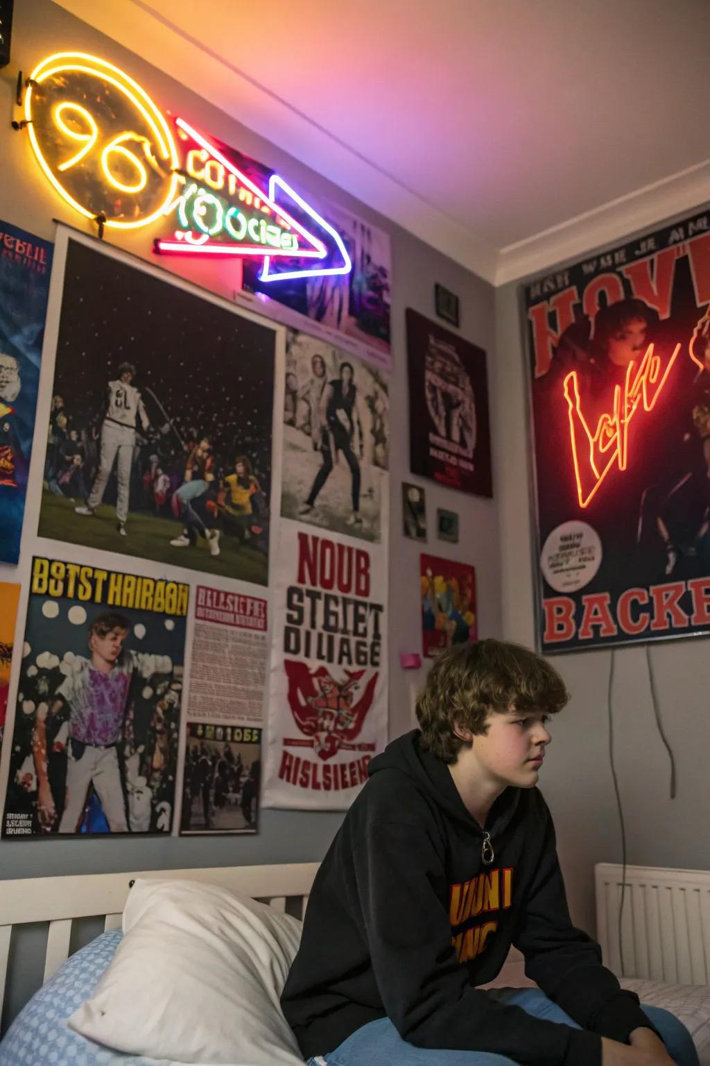 Eye-catching wall art and neon lights inject personality into any teen's room.
