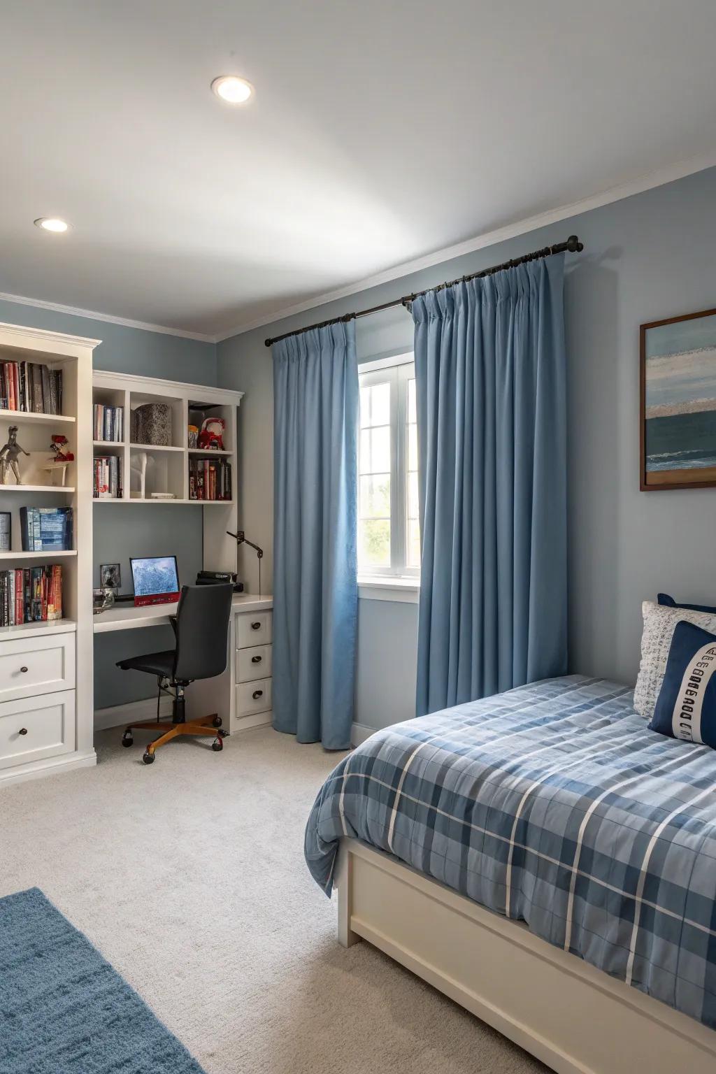 Curtains that blend with the wall colors create a harmonious look.