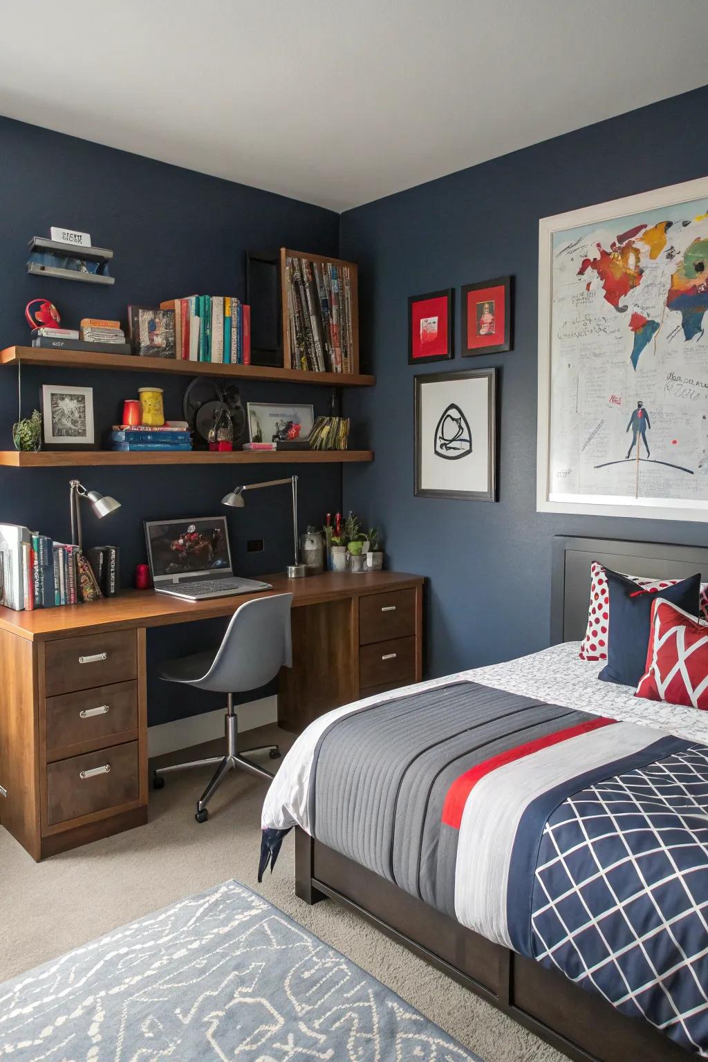 A teen boy's room with bold navy walls, adding sophistication and personality.