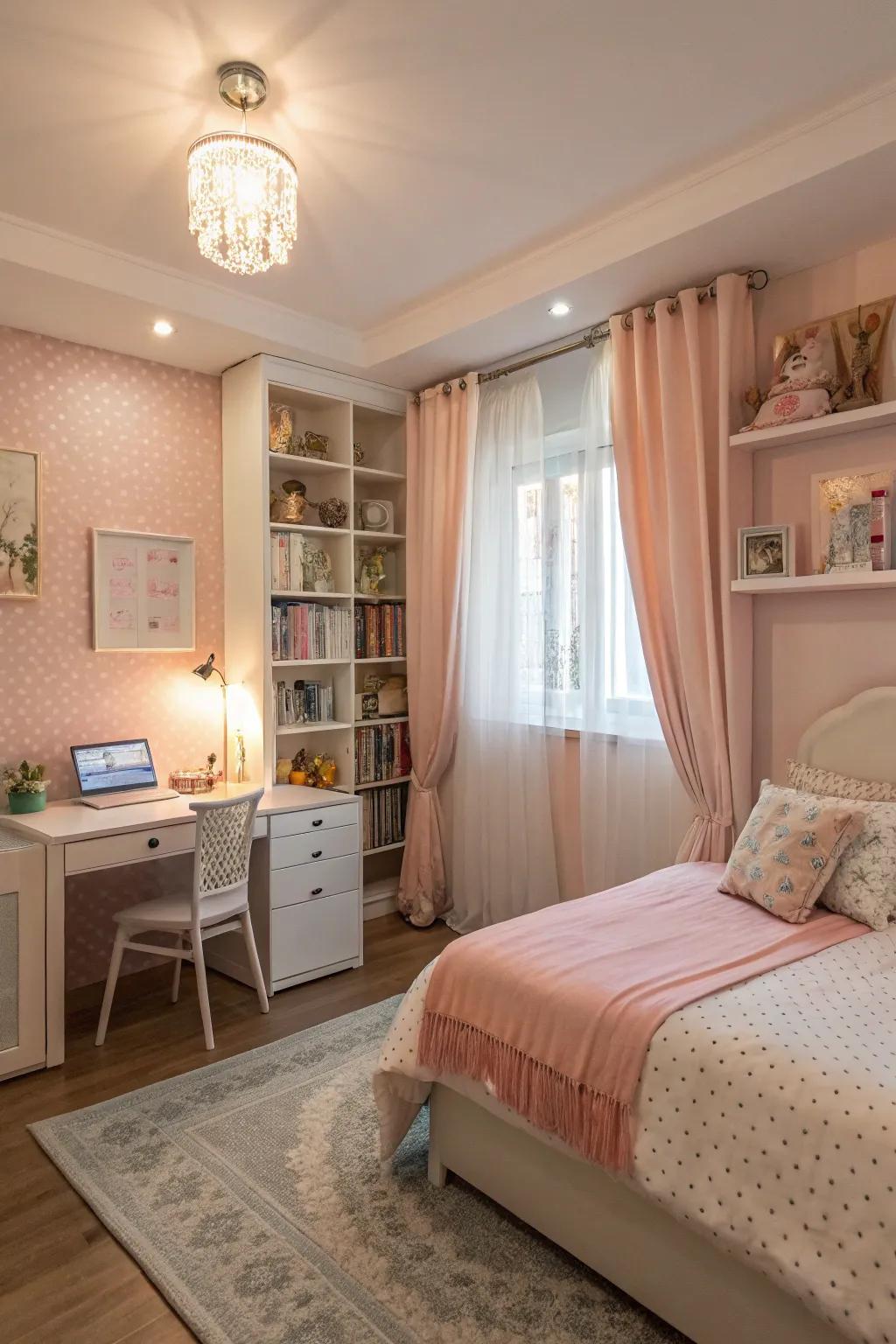 A tranquil teen girl's bedroom showcases soft pastel colors for a soothing impact.