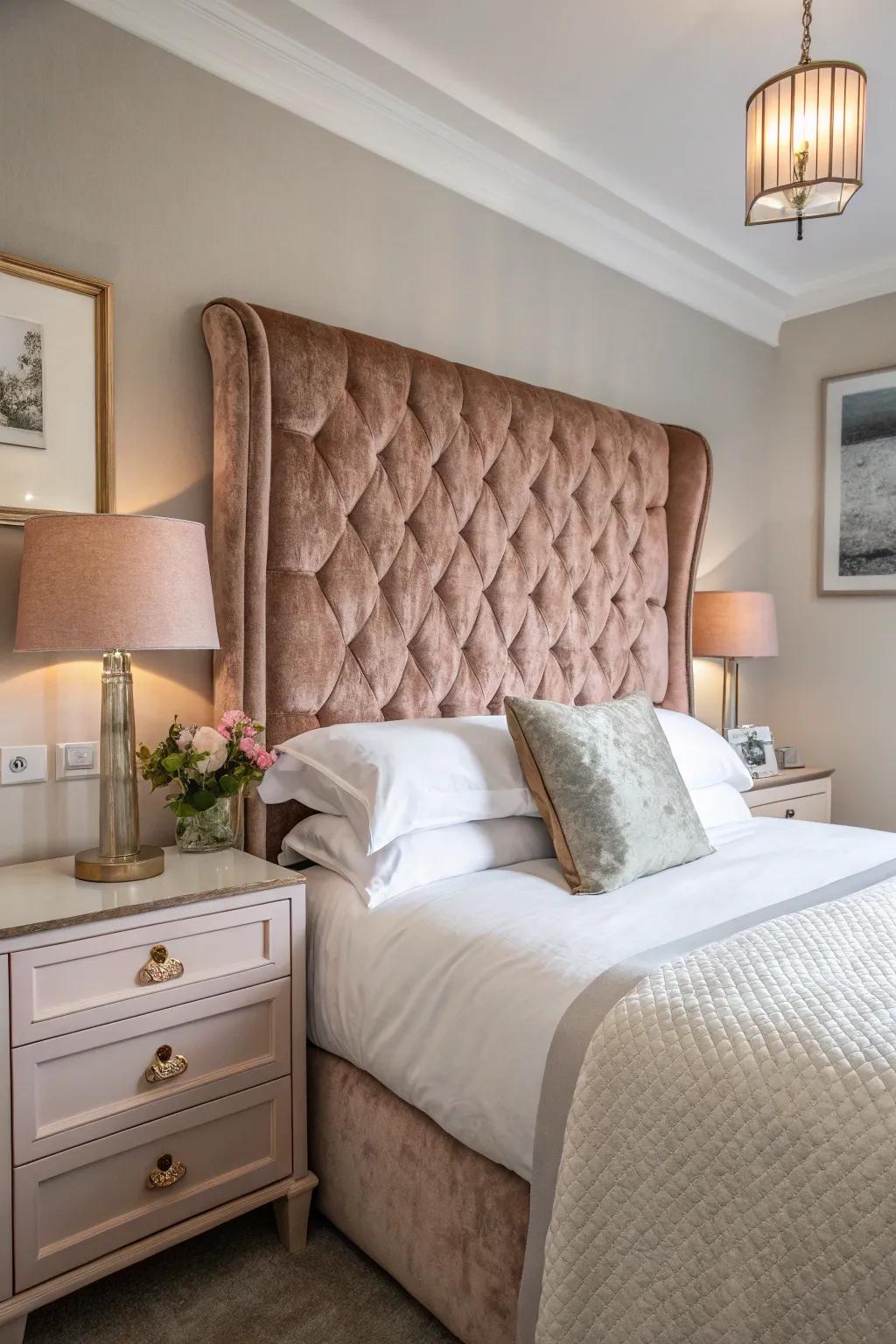 A rose gold headboard serves as the room's focal point and can revolutionize the space.