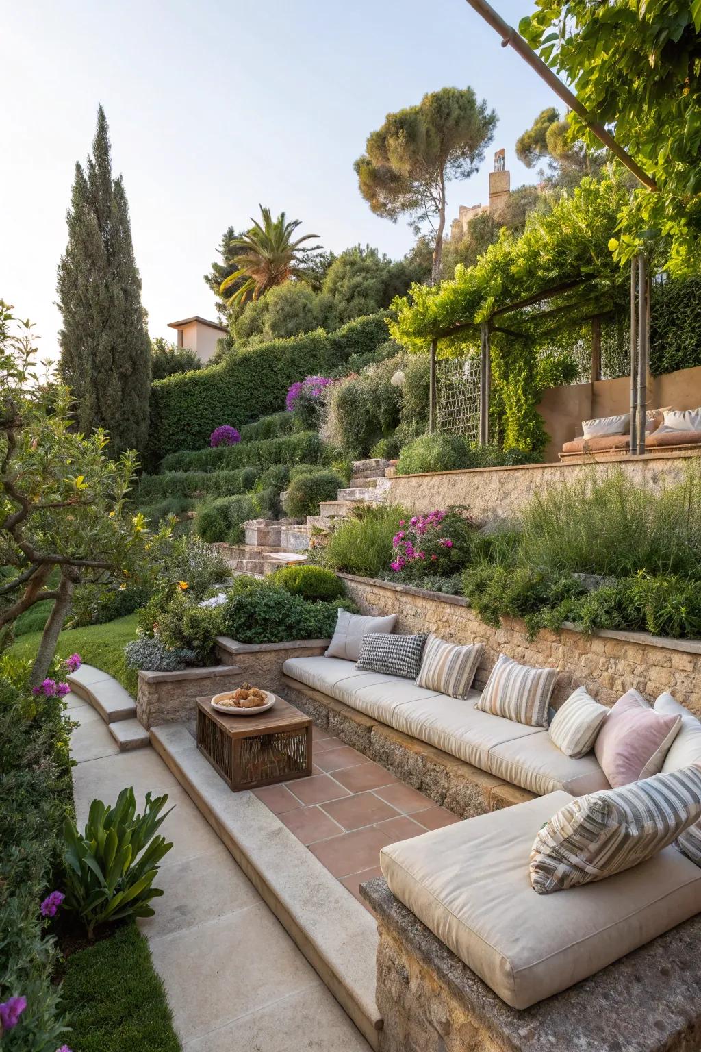 A terraced garden featuring a cozy seating area with plush cushions, perfect for relaxation.