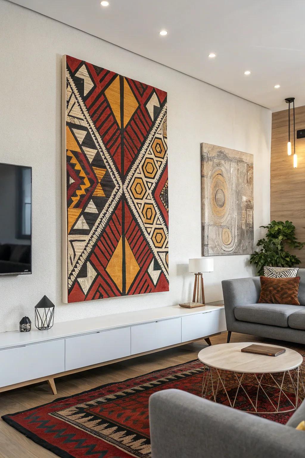 A captivating geometric textured art piece brings a modern flair to this fashionable living space.