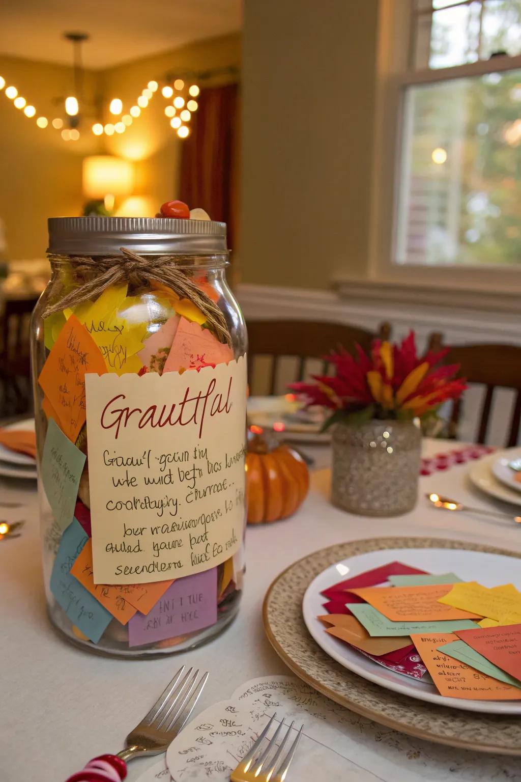 A gratitude vessel surrounded by vibrant notes, ideal for Thanksgiving reflections.