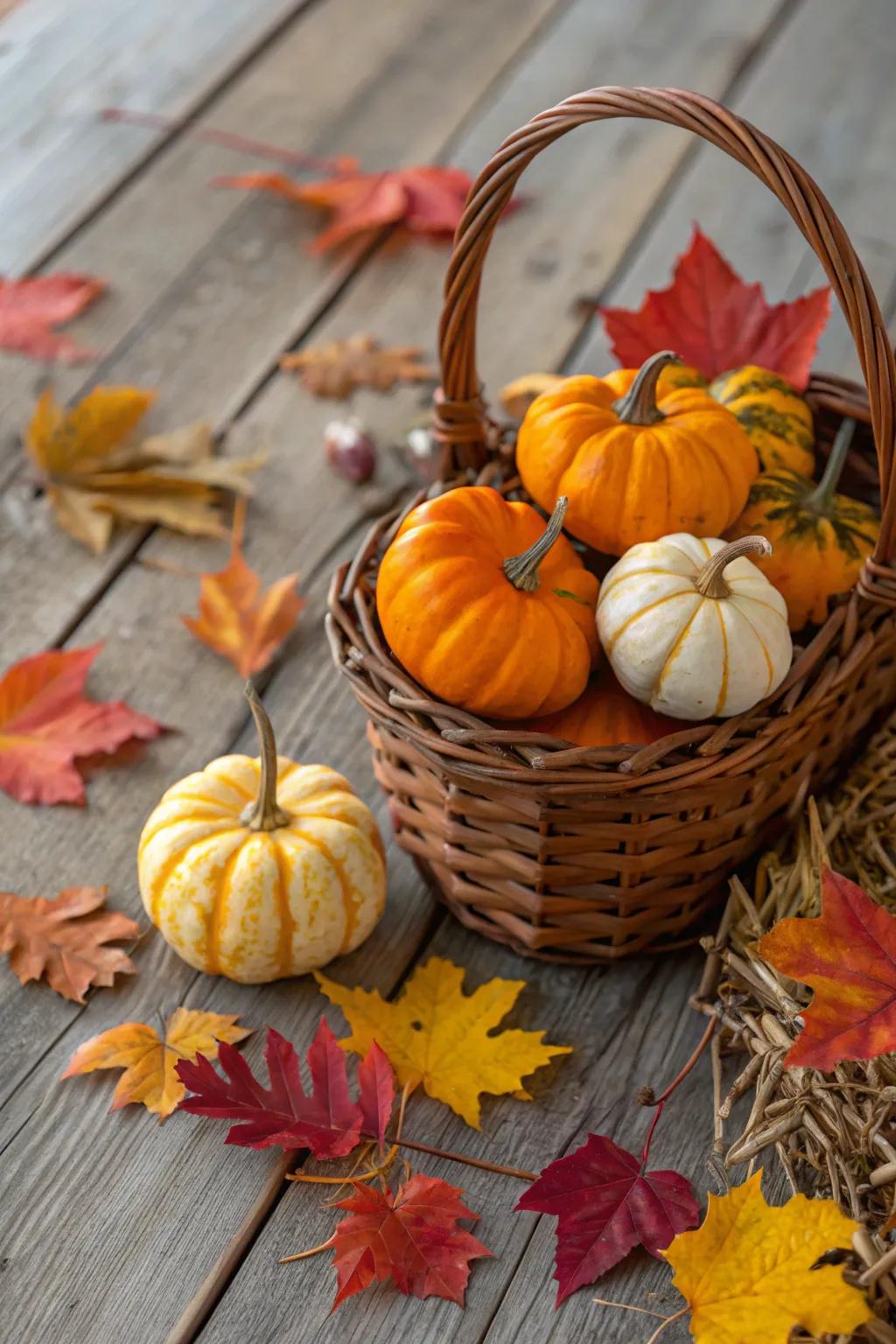 A basket celebrating fall with squashes and gourds.