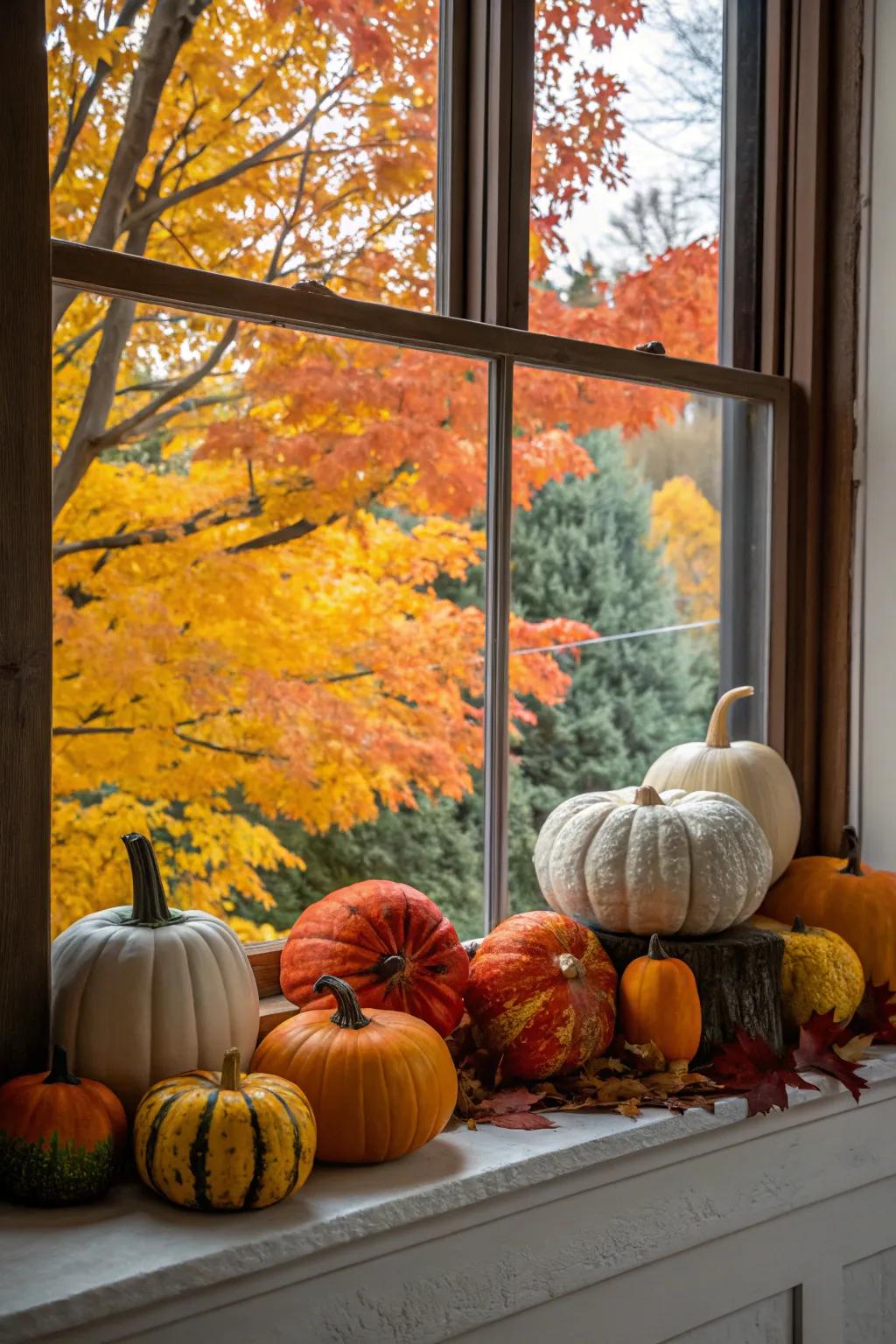 A mantel showcasing a lively assortment of painted and natural pumpkins.