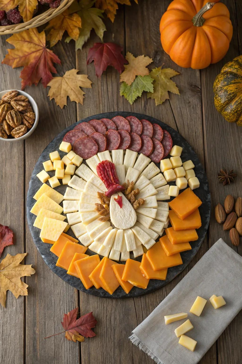 A turkey-shaped cheese platter, great for festive Thanksgiving events.