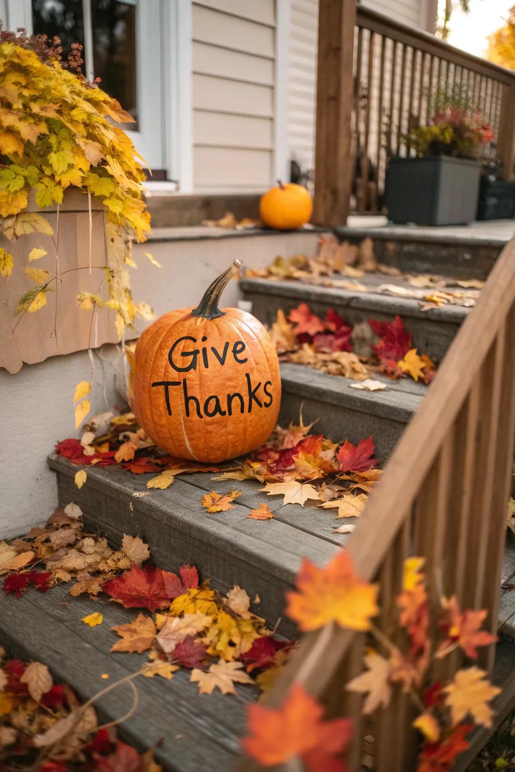 A pumpkin inscribed with an inspiring Thanksgiving message.