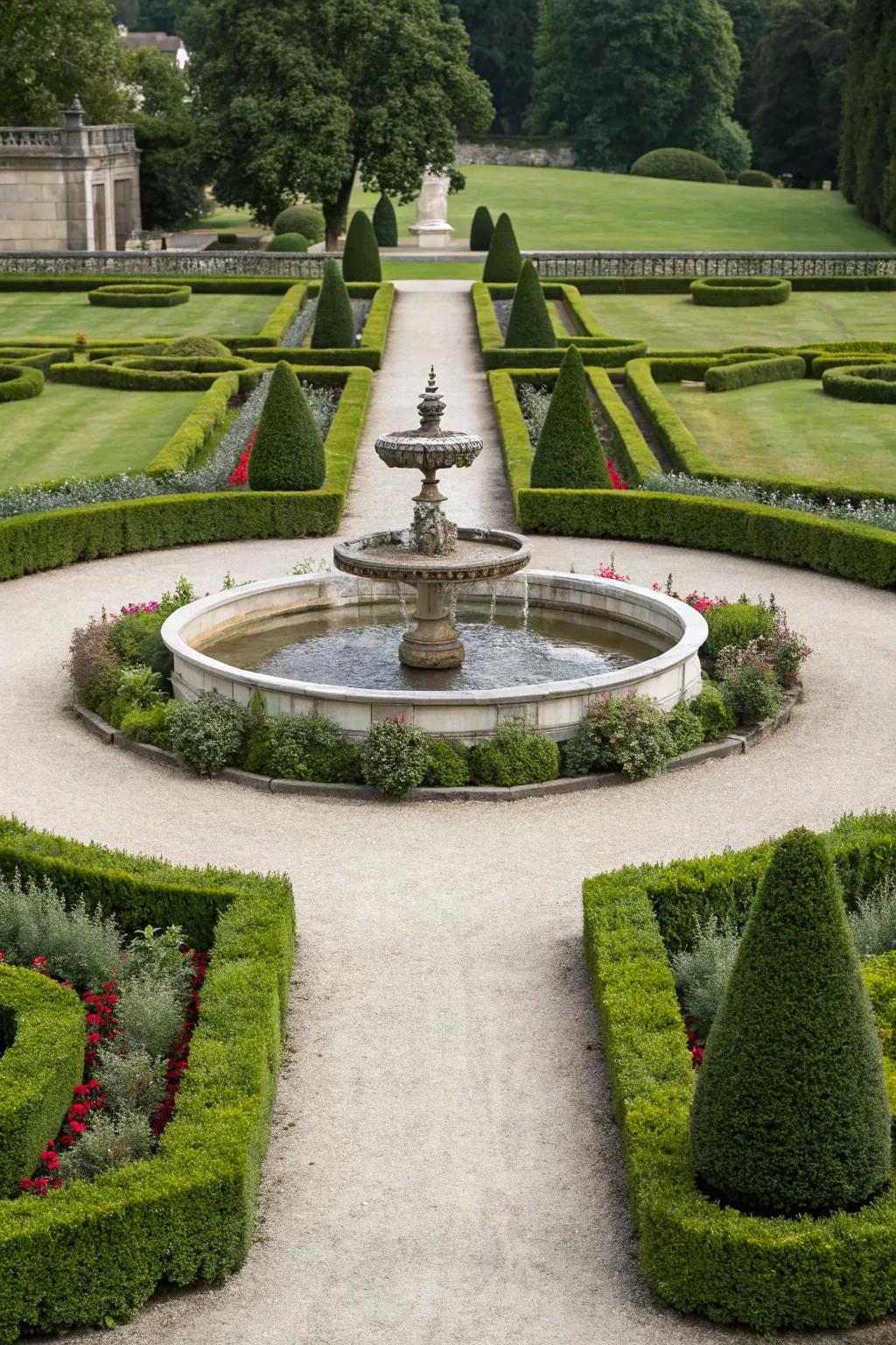 A formal garden featuring flawlessly aligned hedges and a timeless stone fountain.