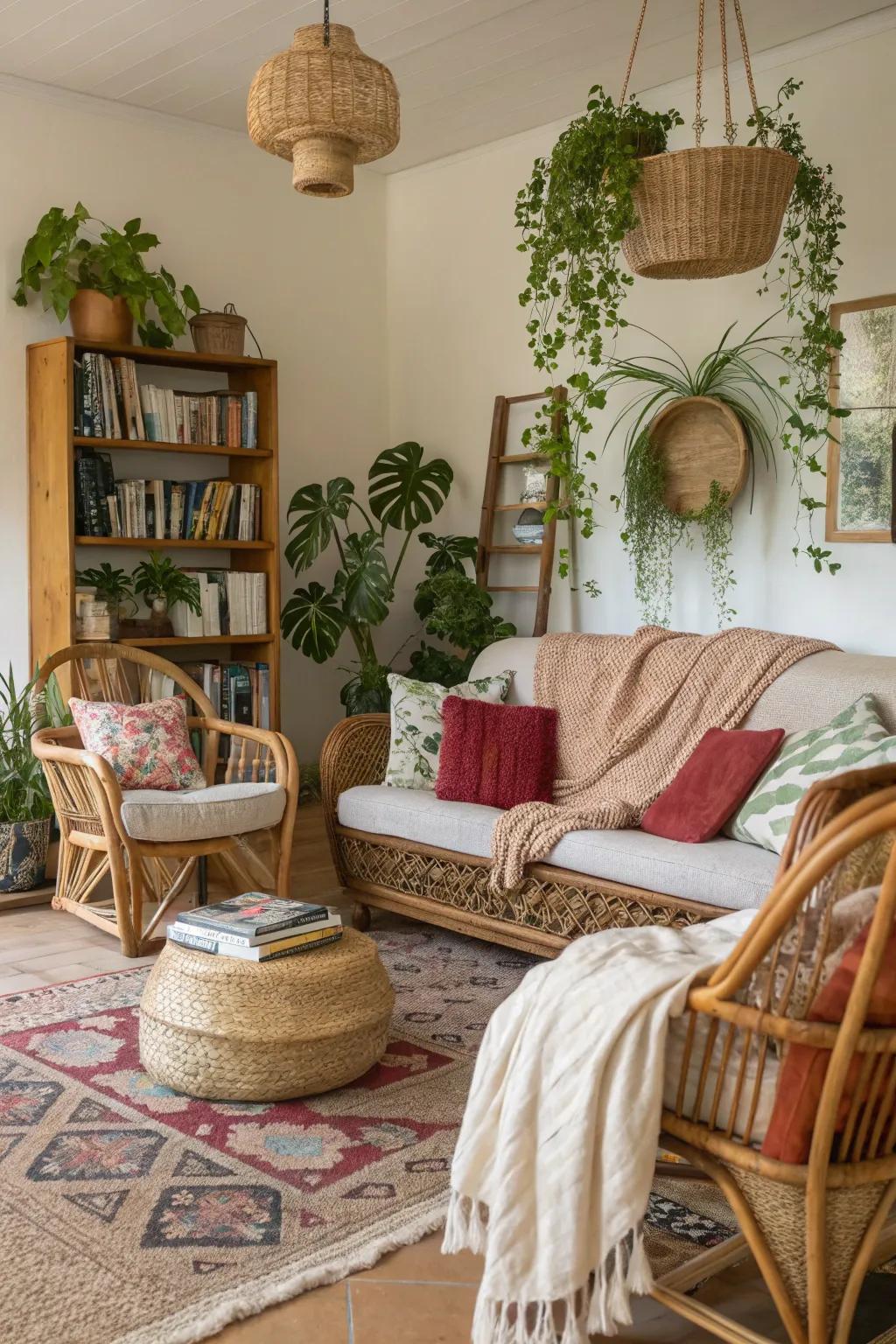 Bohemian style living room with rich textiles and natural elements.