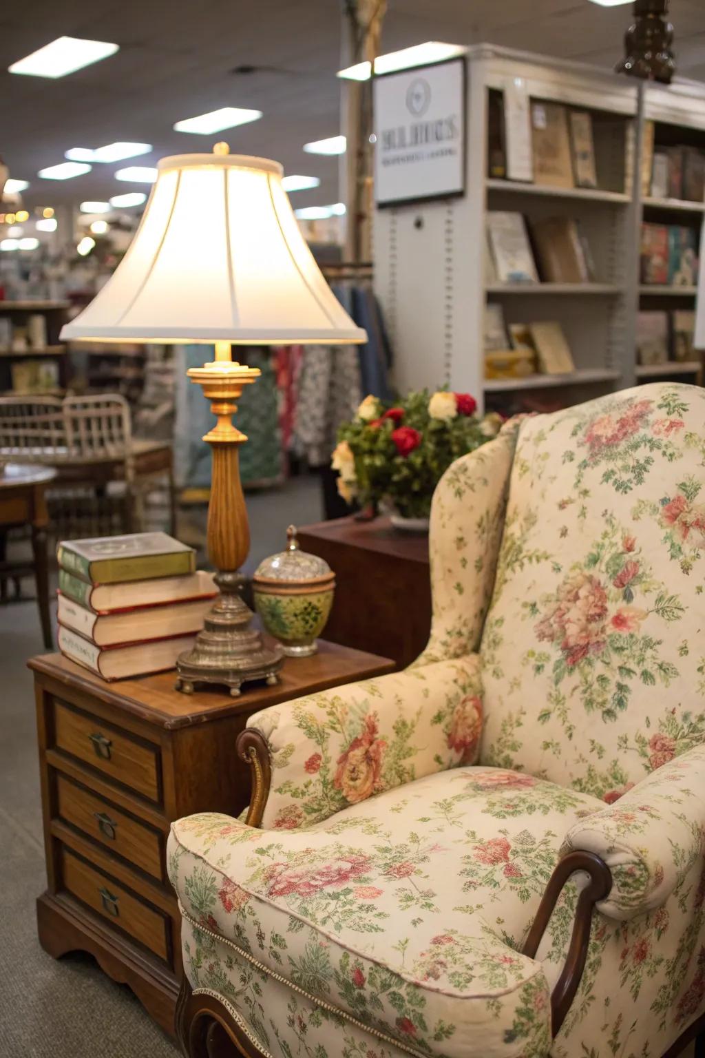 A comforting spot crafted using thrift store discoveries.