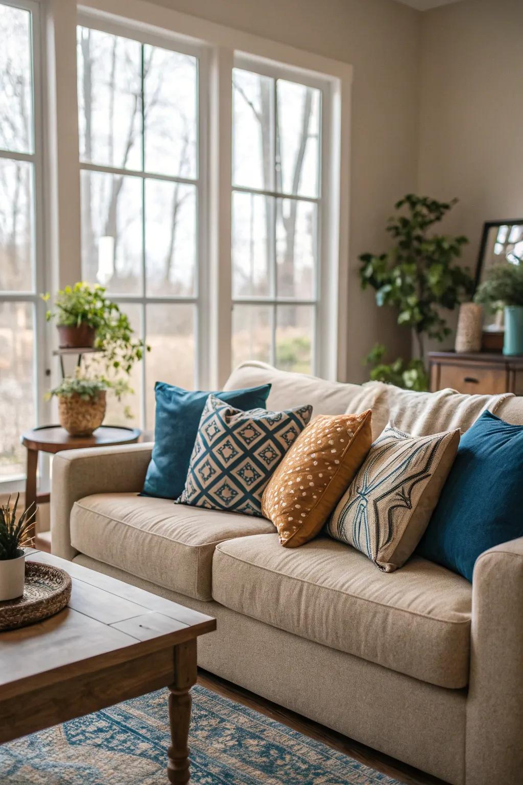 A serene combination of blue, neutral, and earthy pillows enhancing the room's elegance.